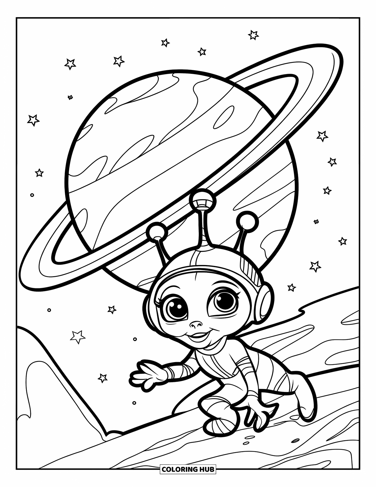 Galaxy Coloring Page for Kids: A smiling alien with antennae waves beside a large planet with one ring