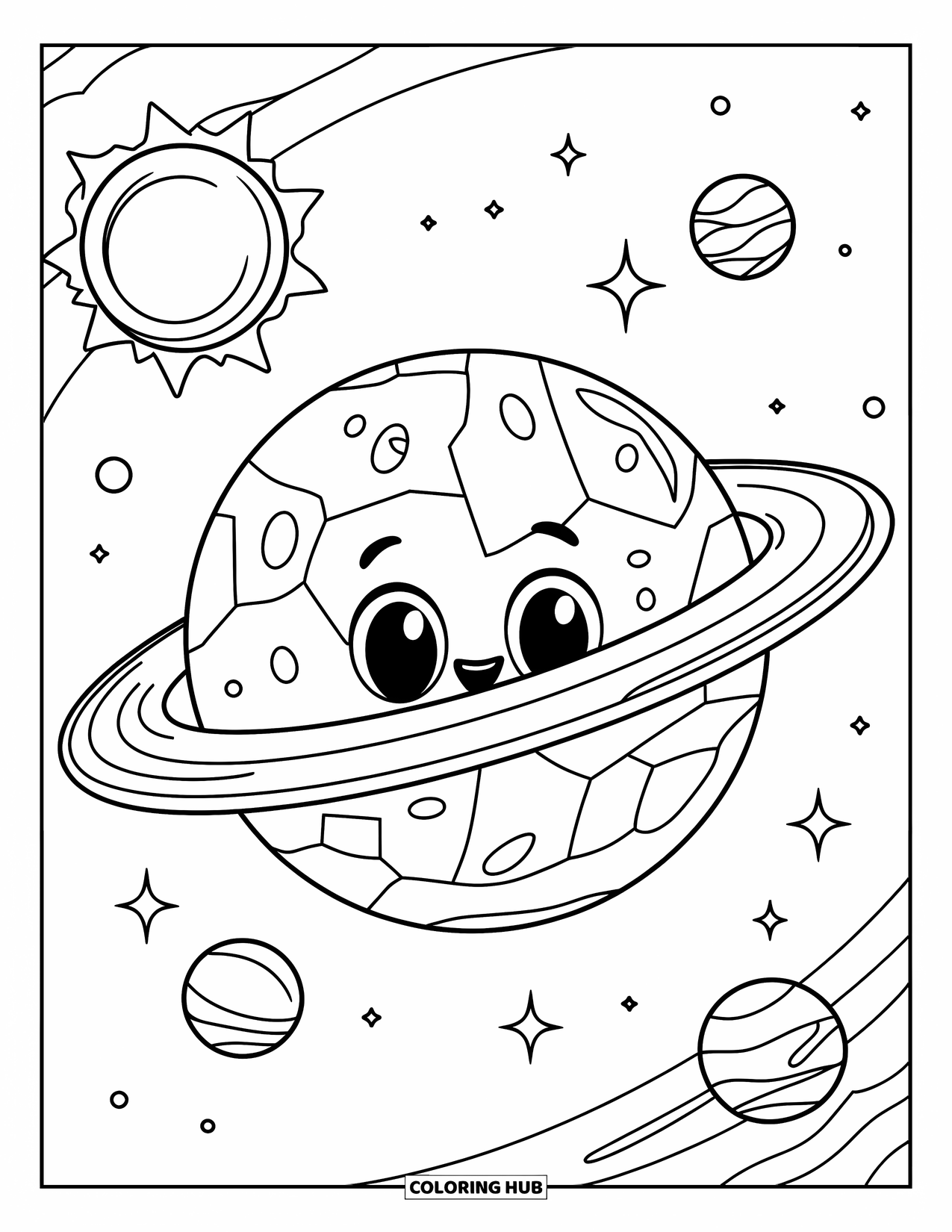 Galaxy Coloring Page for Kids: A smiling planet orbits a bright sun, surrounded by stars and distant planets
