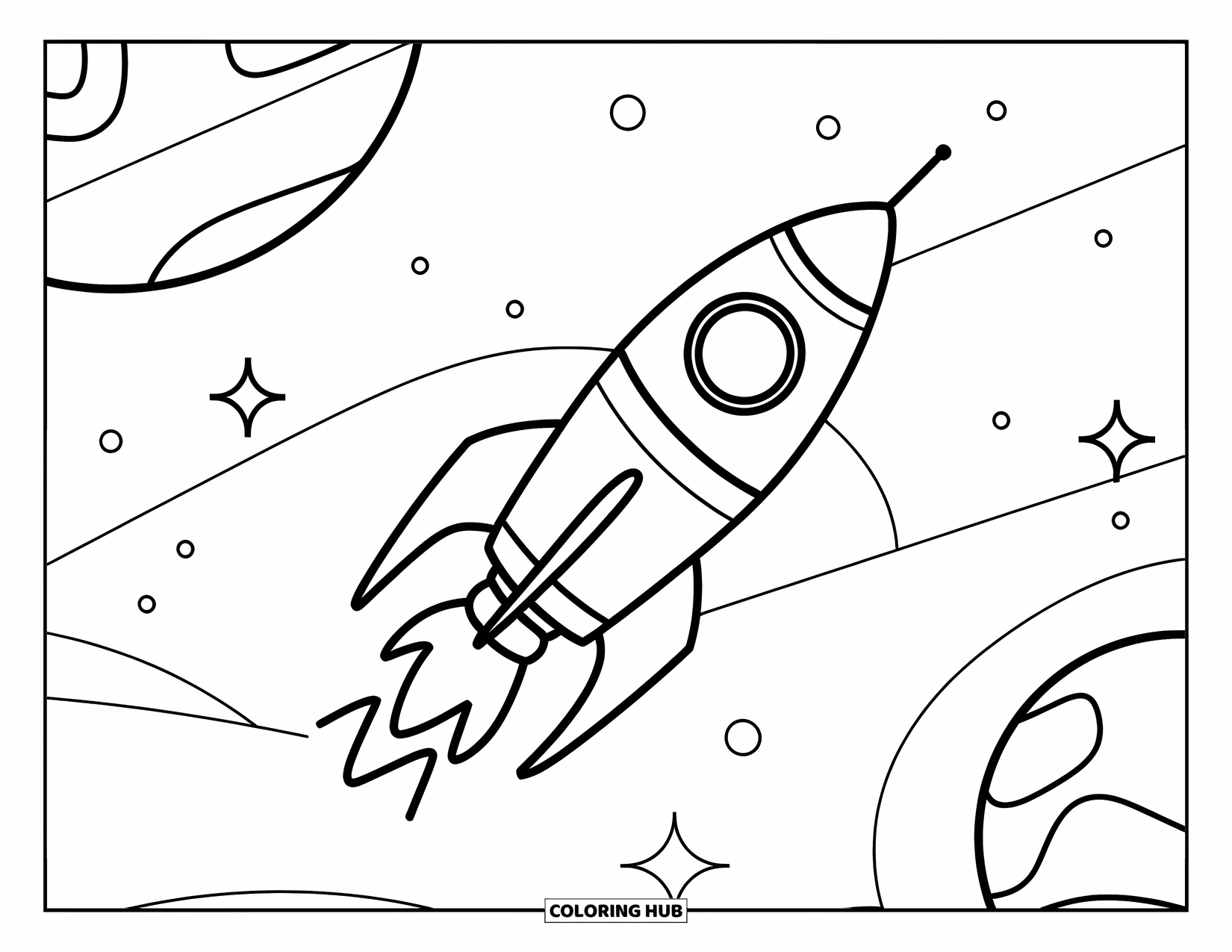 Galaxy Coloring Page for Kids: A smiling rocket flies past a planet, surrounded by sparkly dots and swirling lines