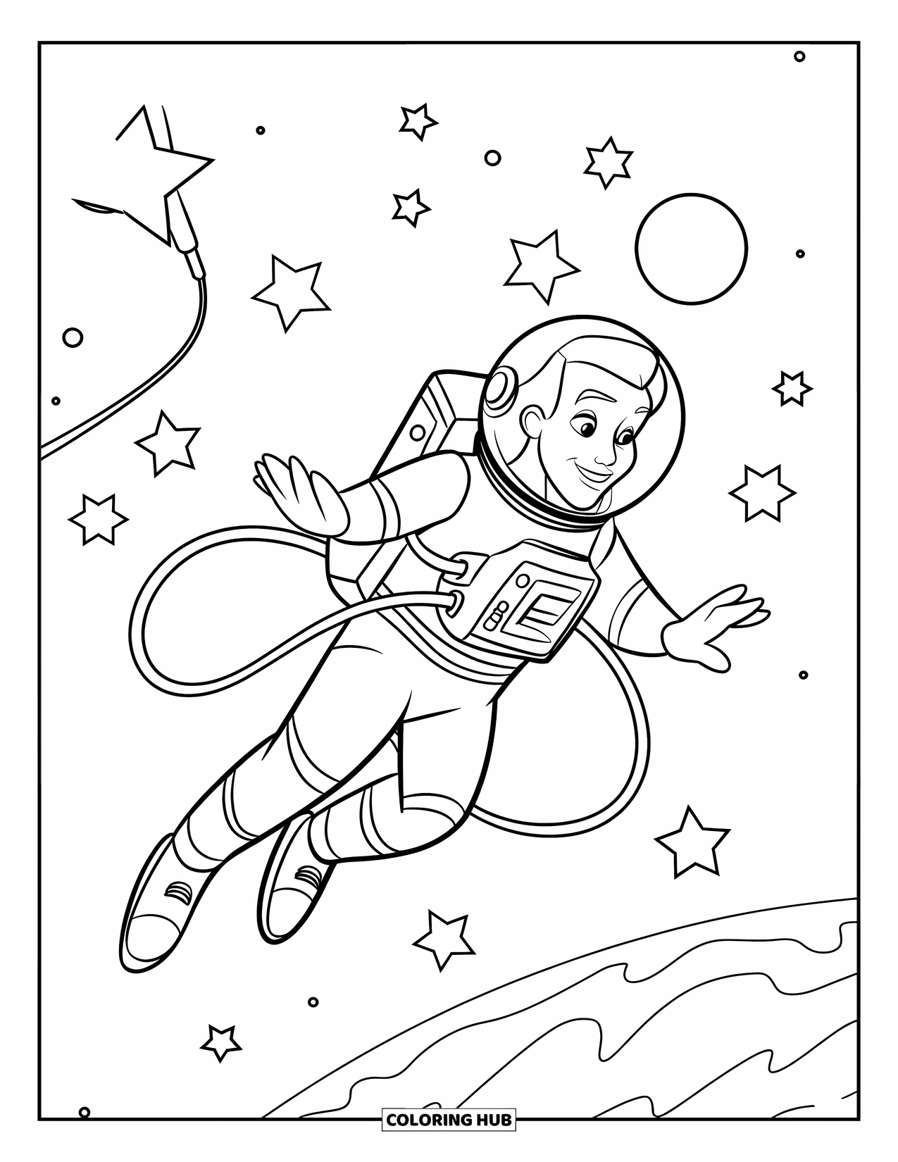 Galaxy Coloring Page for Kids: A space explorer floats in a galaxy, tethered with stars and a planet behind