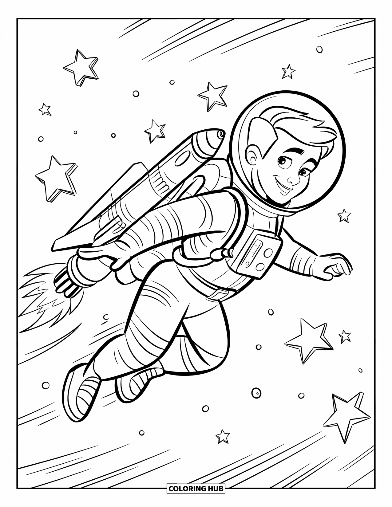 Galaxy Coloring Page for Kids: A space-flying teen astronaut zooms by with a jetpack under a starry sky