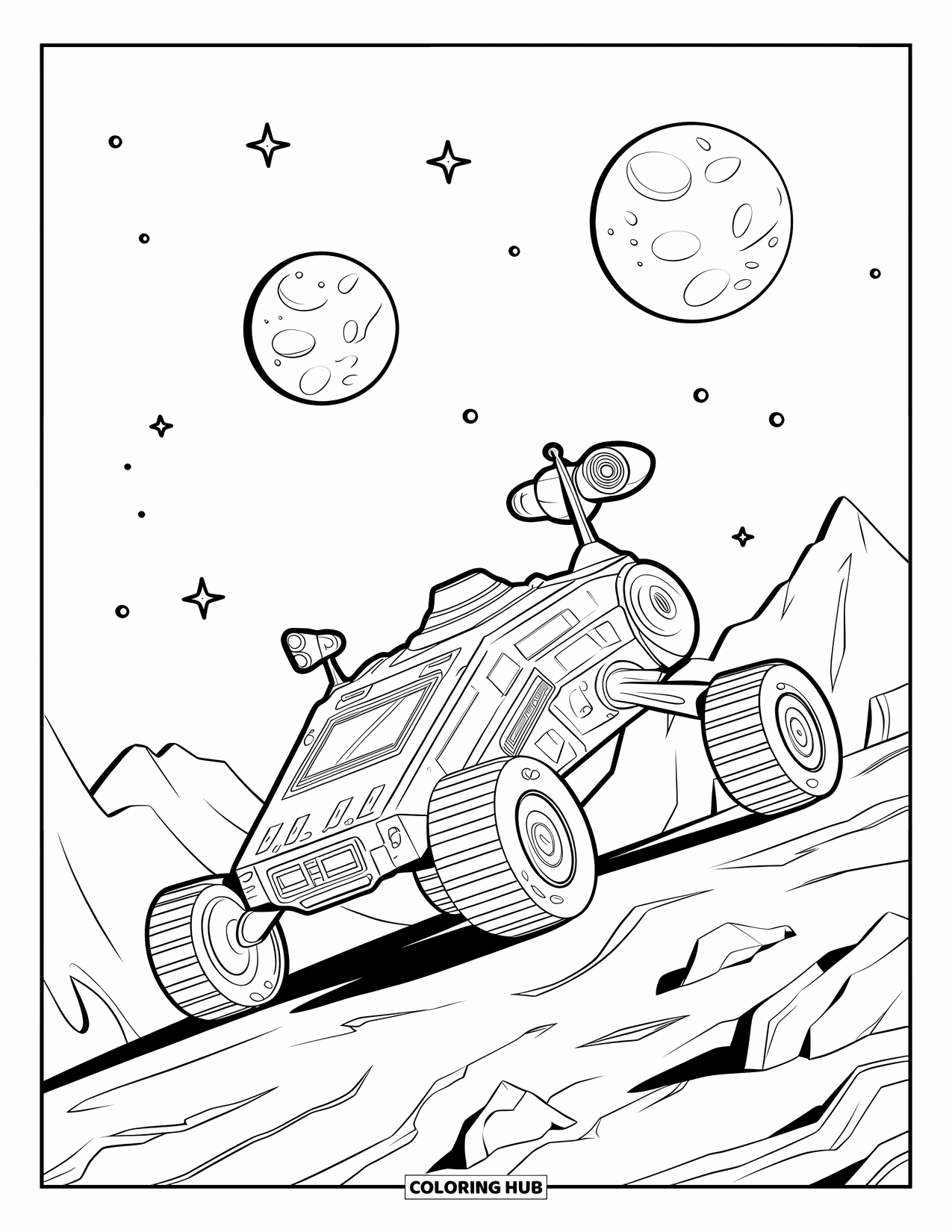 Galaxy Coloring Page for Kids: A space rover crosses rocky terrain under twin moons and scattered stars