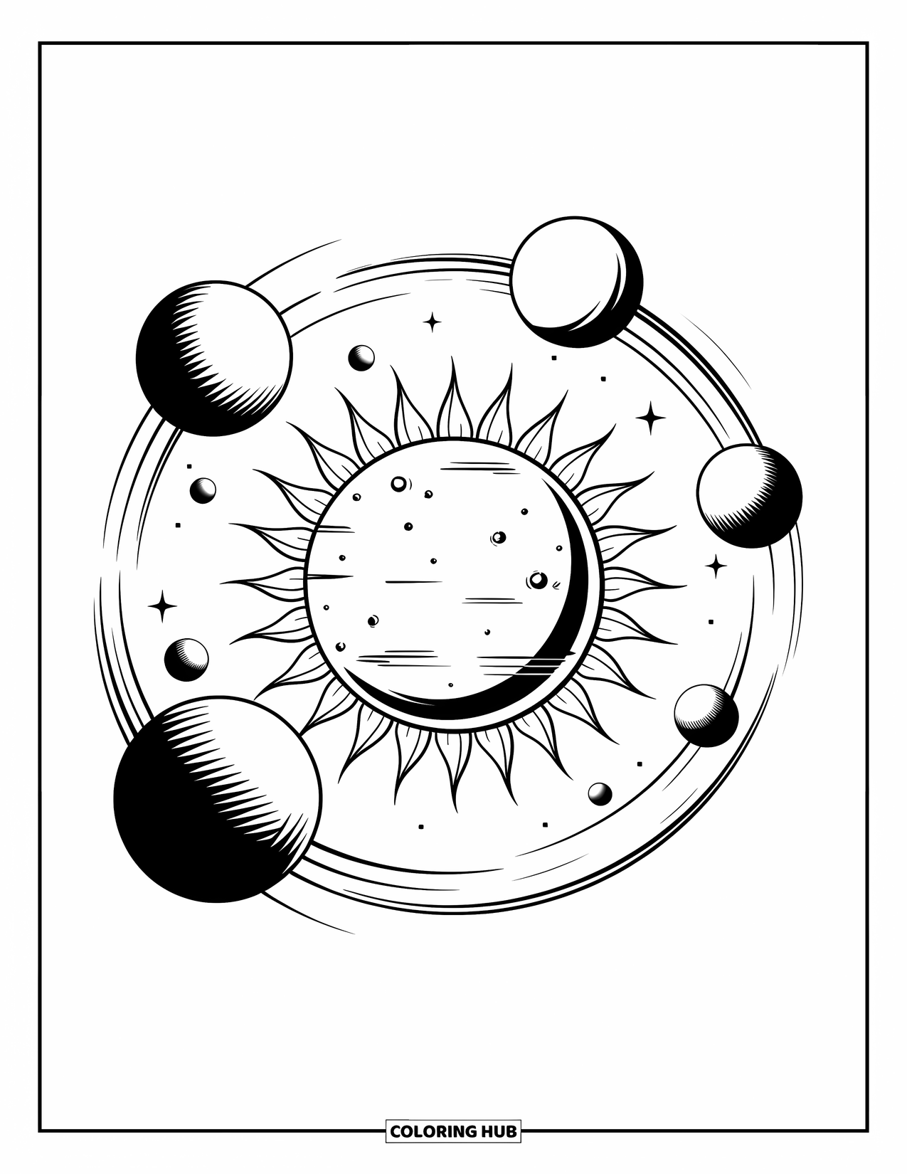 Galaxy Coloring Page for Kids: A sun with craters is orbited by planets and moons in a circular path