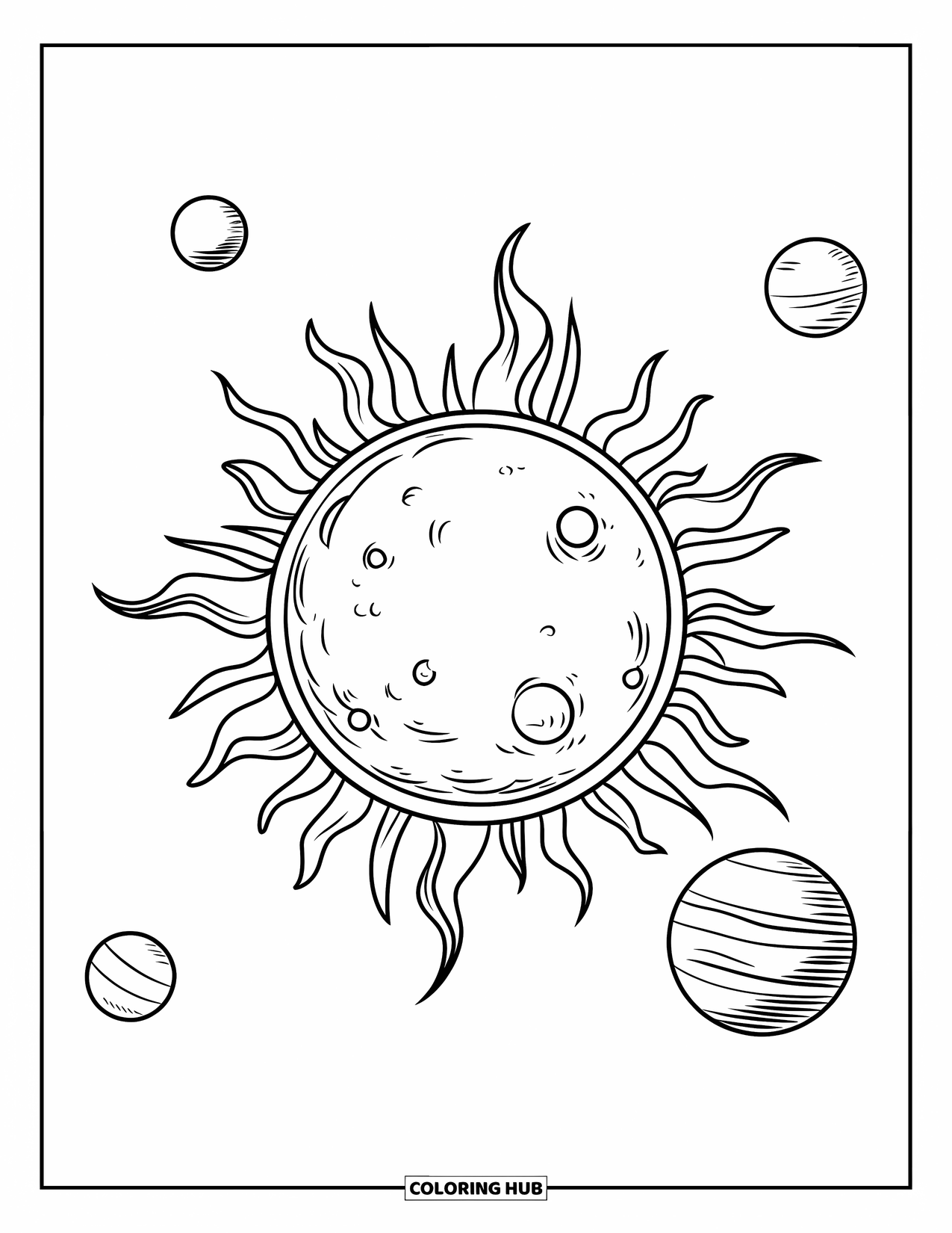 Galaxy Coloring Page for Kids: A sun with tiny craters sits at the center as planets and moons orbit around it