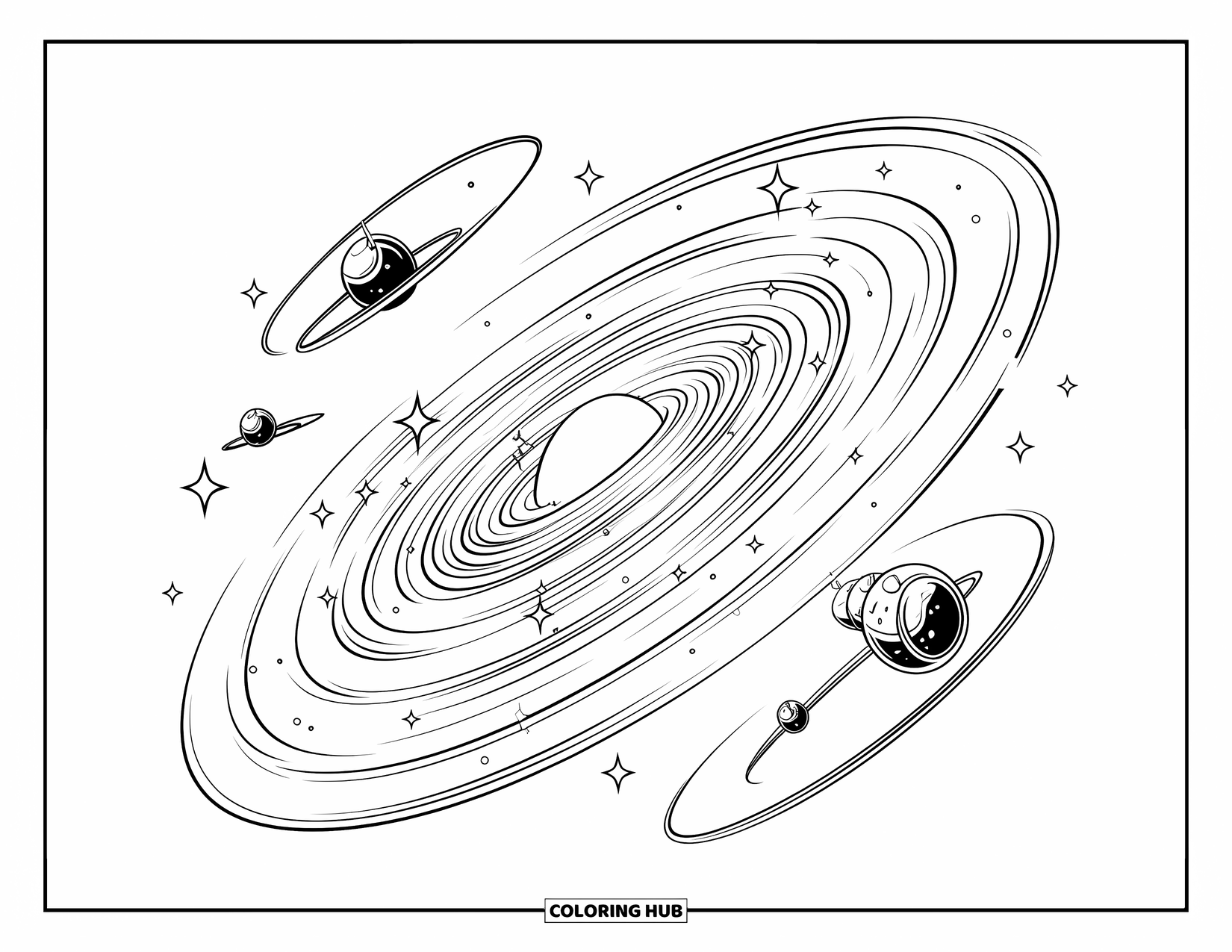 Galaxy Coloring Page for Kids: A swirling galaxy with orbiting satellites forms a peaceful spiral in deep space