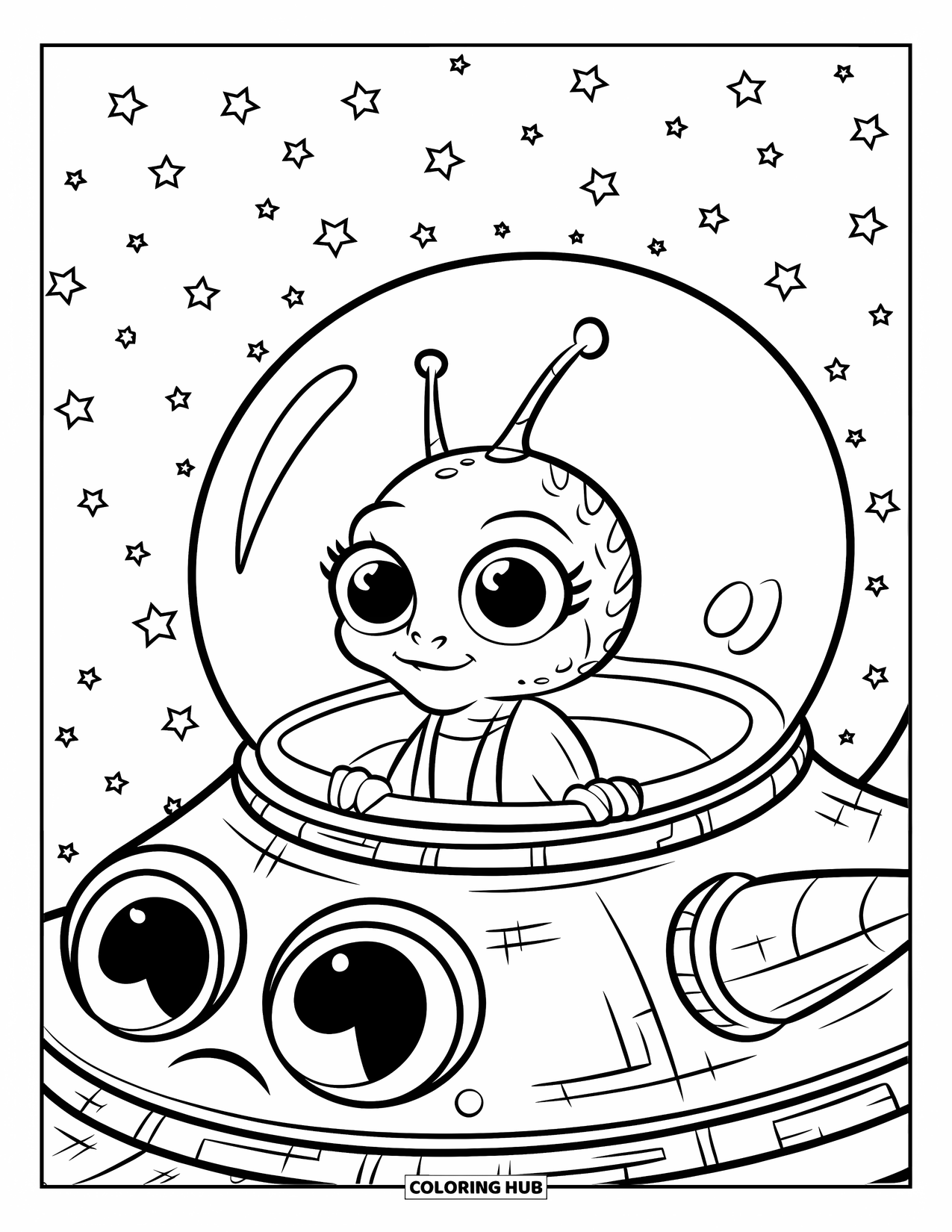 Galaxy Coloring Page for Kids: A wide-eyed alien in a grinning ship floats under a sky full of stars