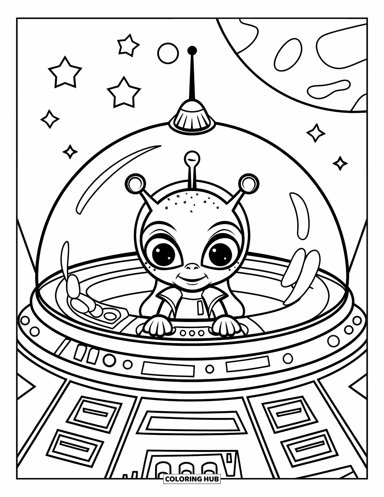 Galaxy Coloring Page for Kids: A wide-eyed alien sits at a control panel inside a dome-shaped spaceship