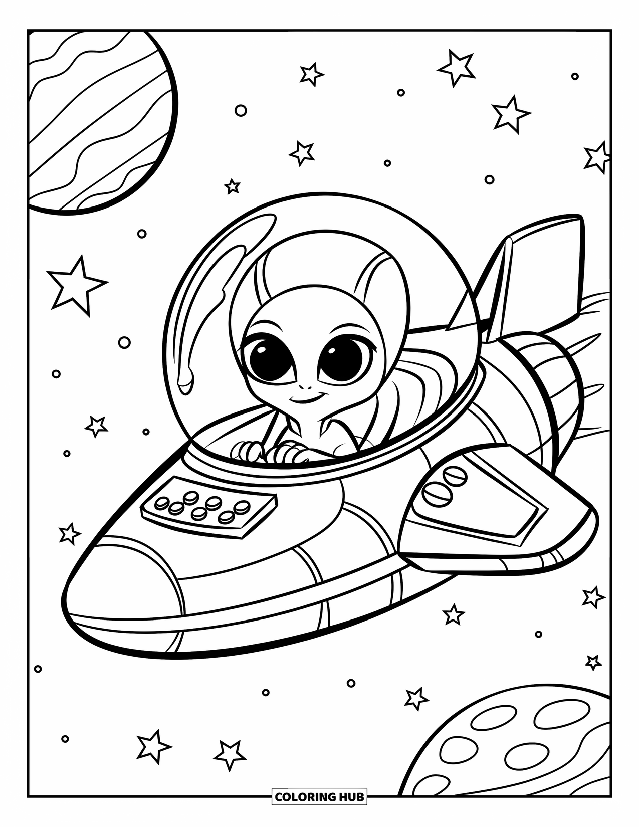 Galaxy Coloring Page for Kids: An alien with big eyes flies a spaceship through stars and planets