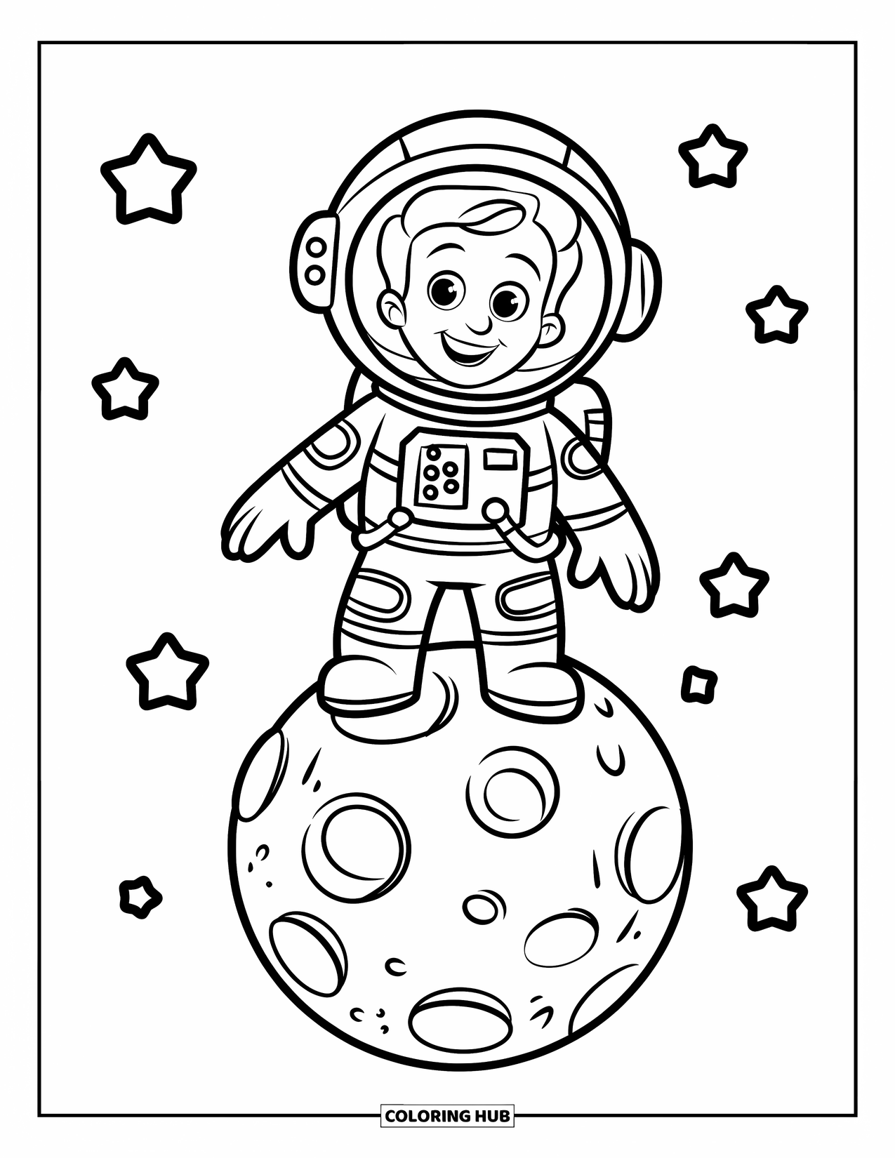 Galaxy Coloring Page for Kids: An astronaut with patches smiles on a small moon with footprints and stars