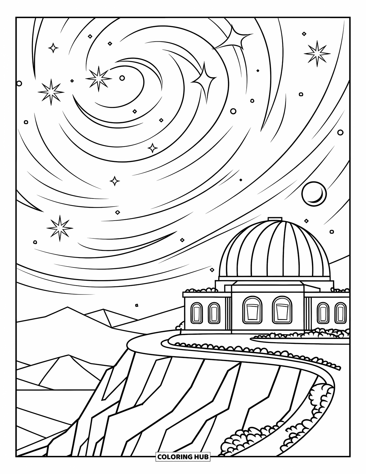 Galaxy Coloring Page for Kids: An observatory sits on a cliff beneath a sky full of swirling stars