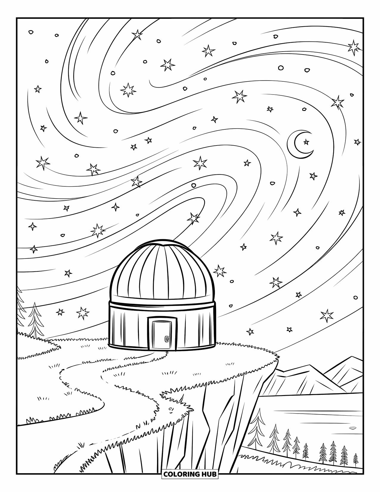 Galaxy Coloring Page for Kids: An observatory stands on a cliff with a winding path and a swirling night sky