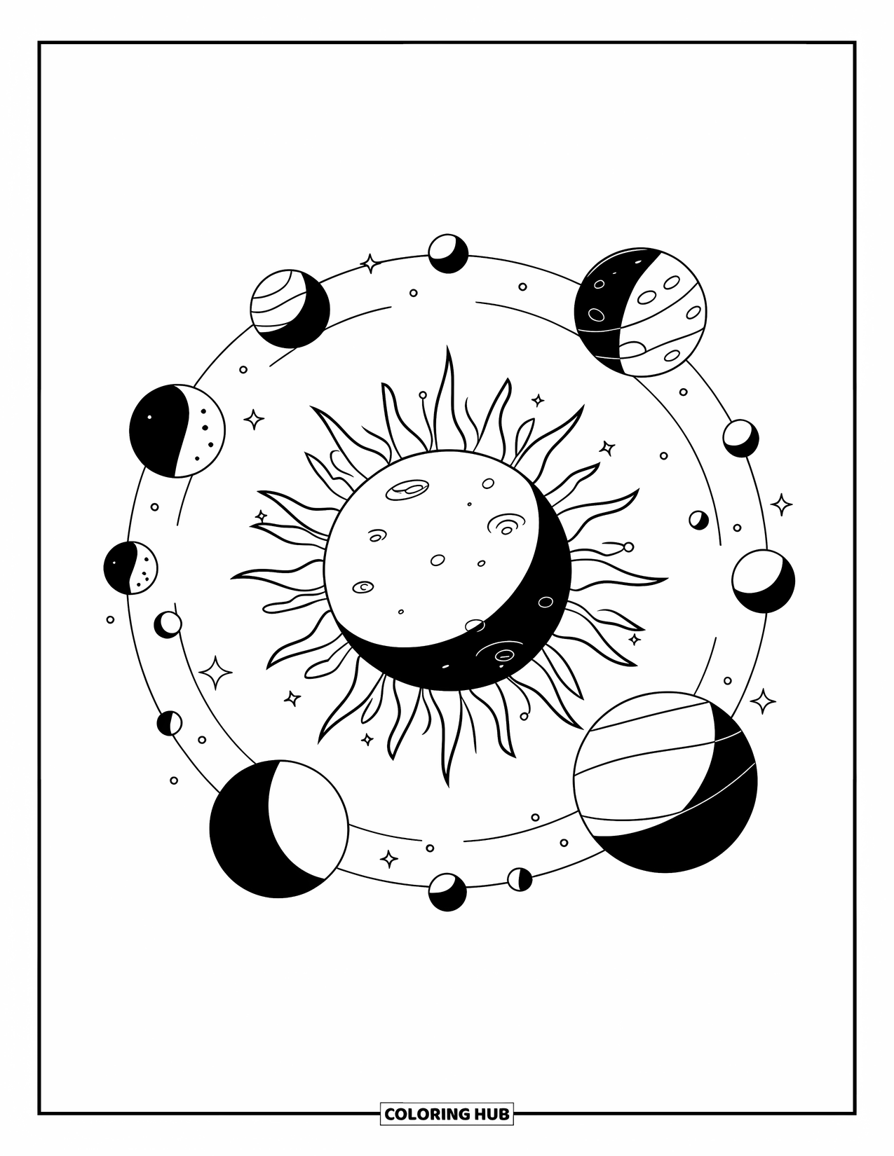 Galaxy Coloring Page for Kids: Planets of all sizes orbit a cratered sun with tiny moons nearby
