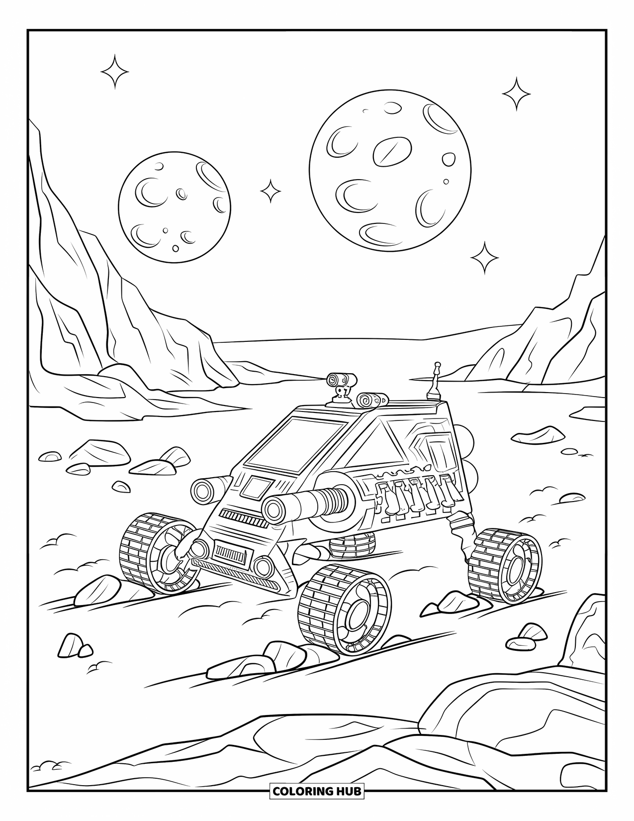 Galaxy Coloring Page for Kids: Retro-style rover explores rough terrain under cratered moons and starlit skies