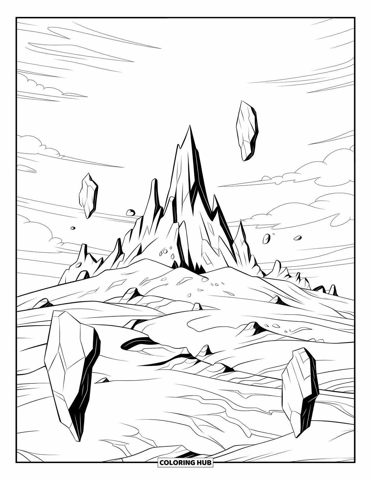 Galaxy Coloring Page for Kids: Sharp mountains and drifting rocks fill the sky of a distant alien world