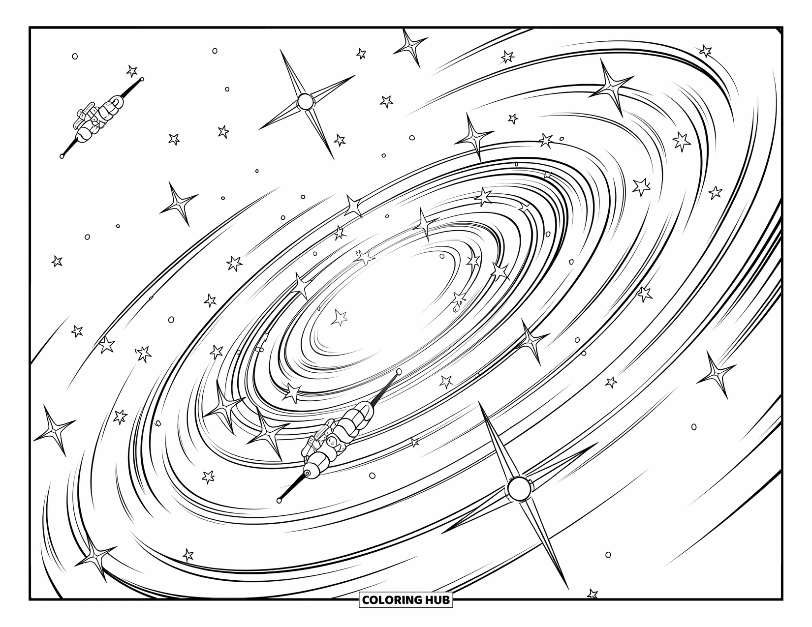 Galaxy Coloring Page for Kids: Stars spiral from a glowing galaxy center while satellites float nearby