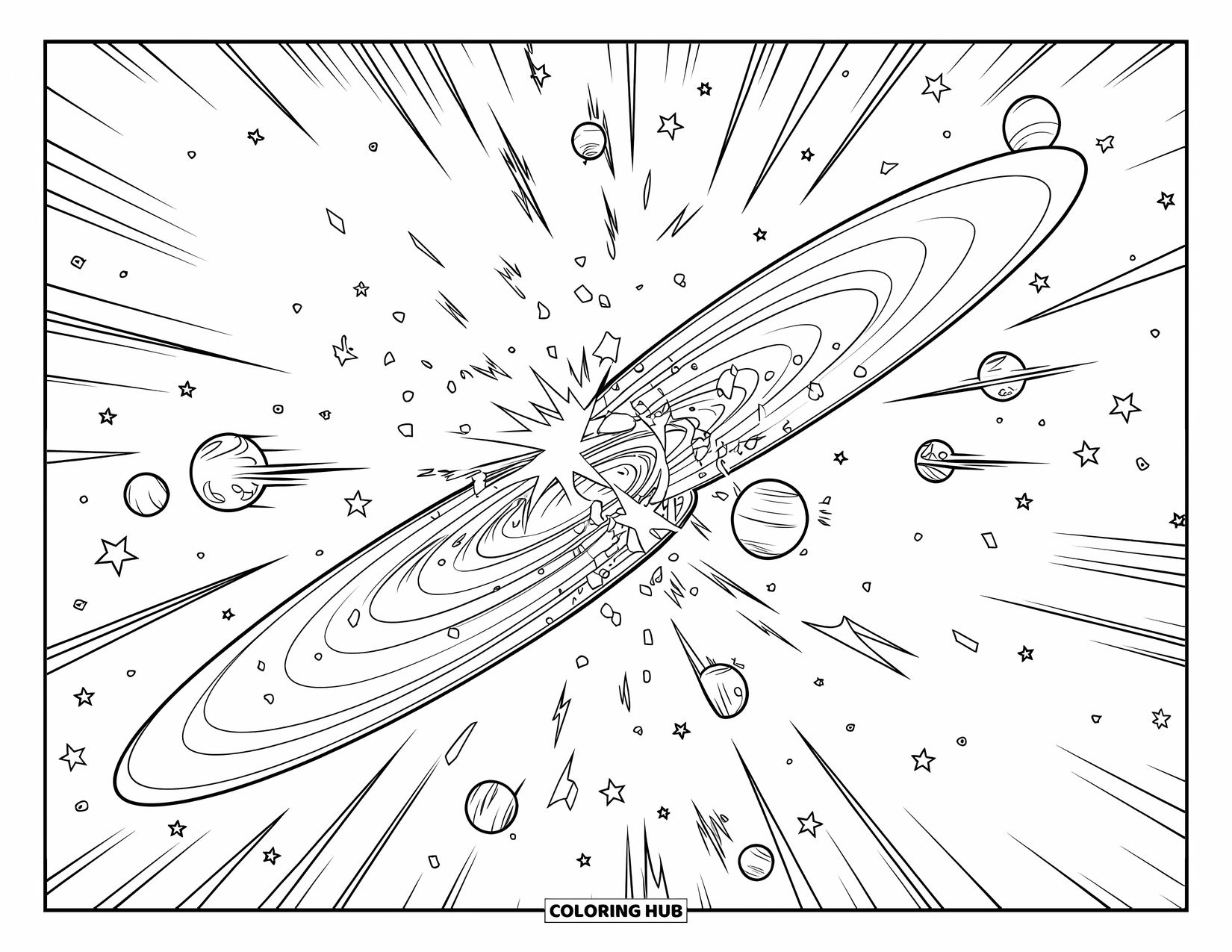 Galaxy Coloring Page for Kids: Swirling galaxies crash together, scattering stars and cosmic dust in all directions
