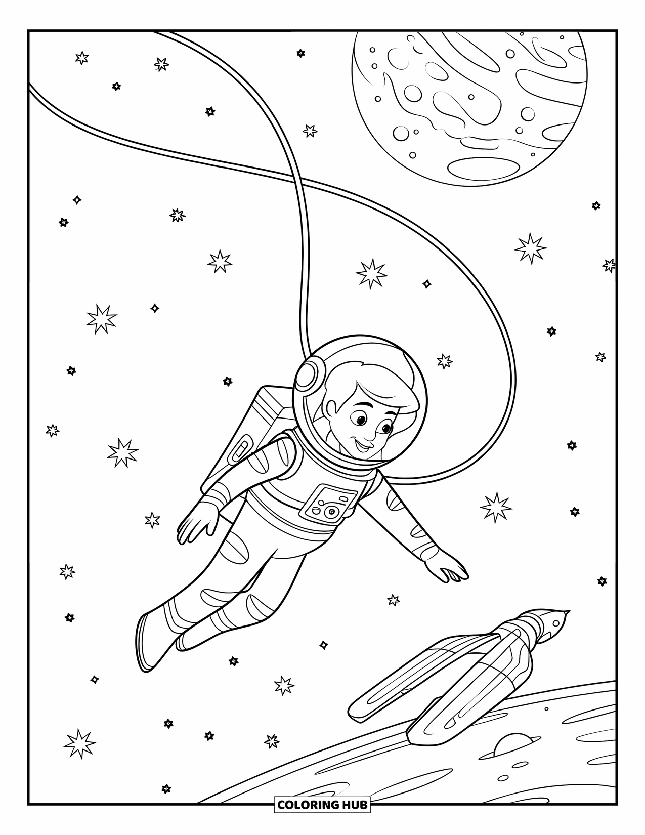 Galaxy Coloring Page for Kids: Tethered in space, an explorer floats near stars, planets, and a small spaceship