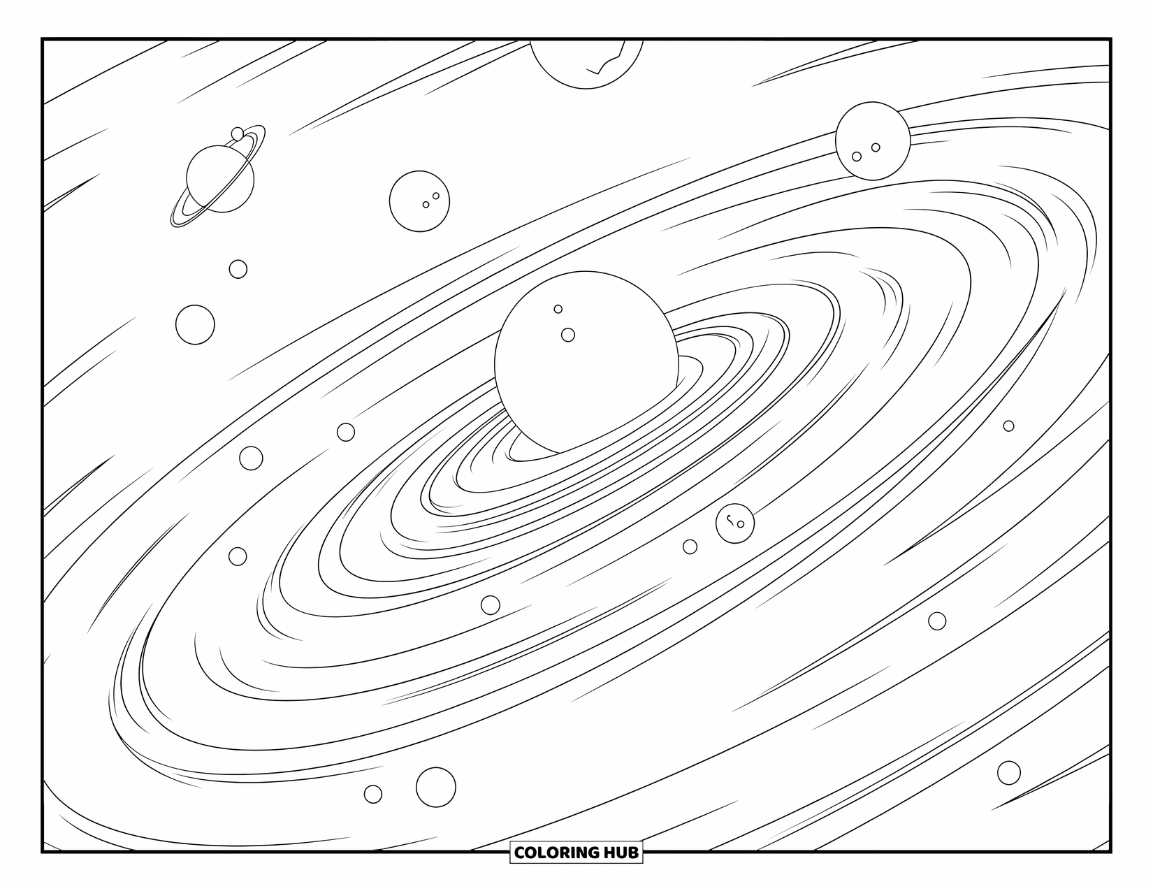 Galaxy Coloring Page for Kids: Tiny planets circle a swirling galaxy in the middle of wide open space