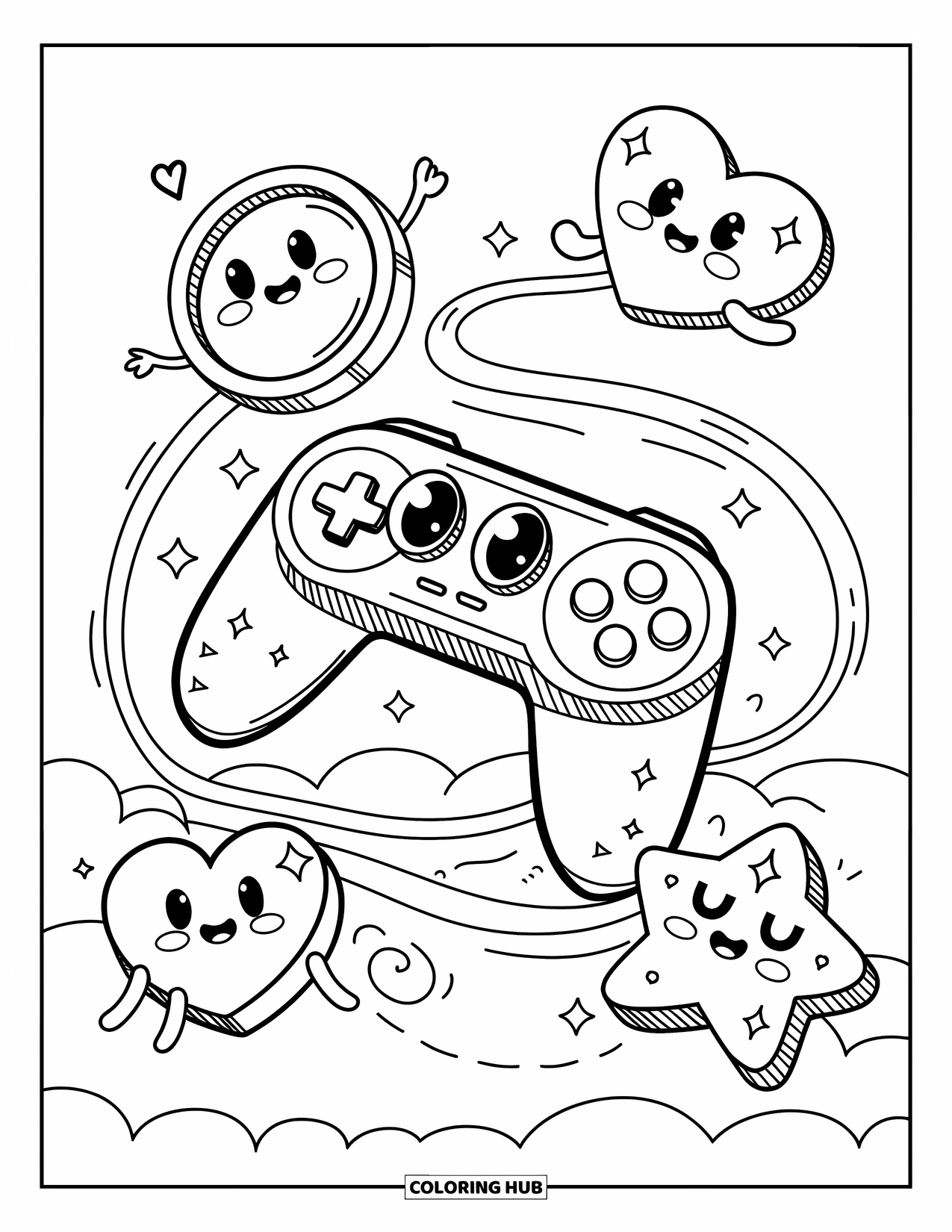 Gaming Coloring Page for Adults: Adorable controller on a cloud with kawaii coins, hearts, stars, and swirling lines