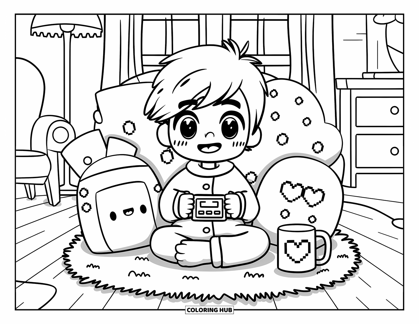 Gaming Coloring Page for Adults: Chibi child in pajamas on a fluffy rug playing with plushies and a handheld console