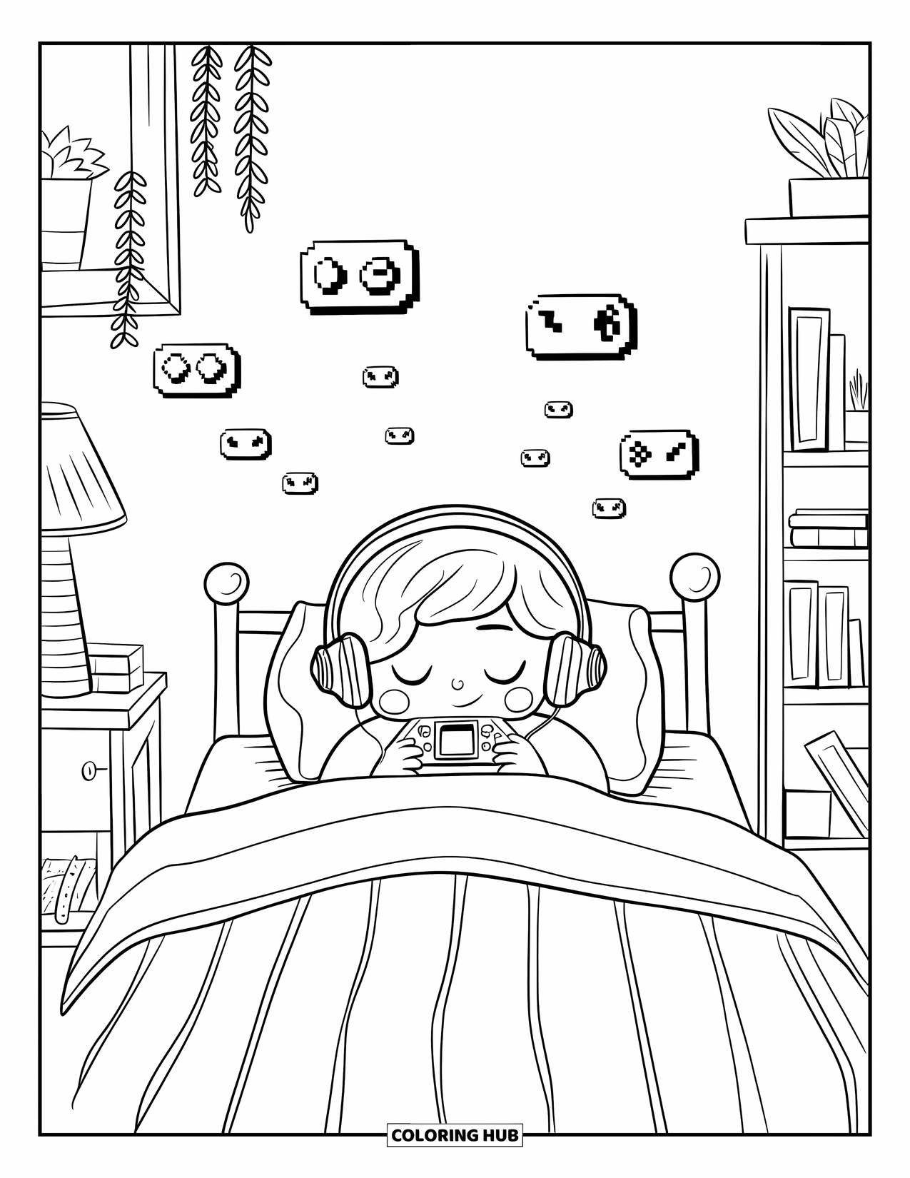 Gaming Coloring Page for Adults: Chibi child tucked in bed with console and pixel dreams floating above in cozy room