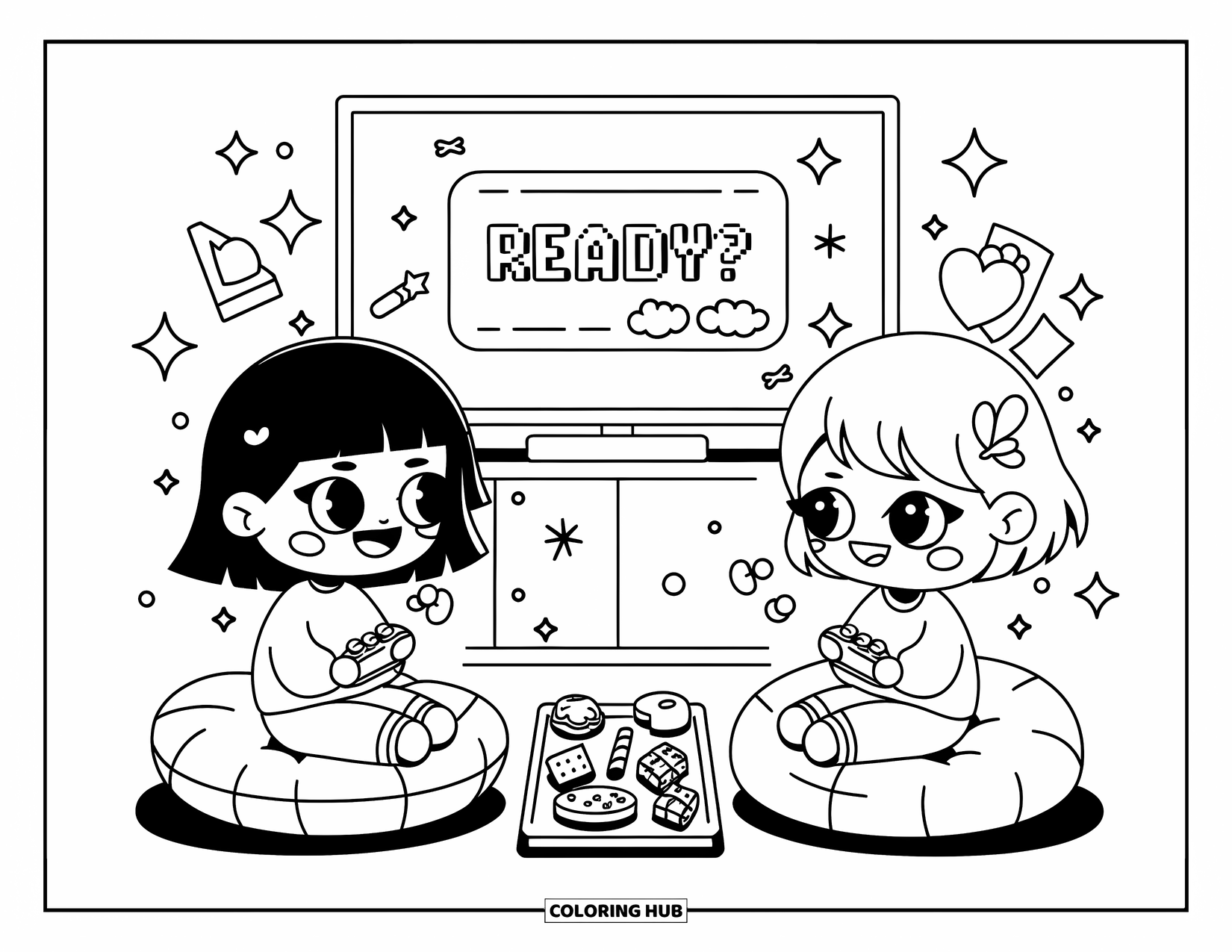 Gaming Coloring Page for Adults: Chibi friends enjoying game night with snacks and sparkly doodles around the TV