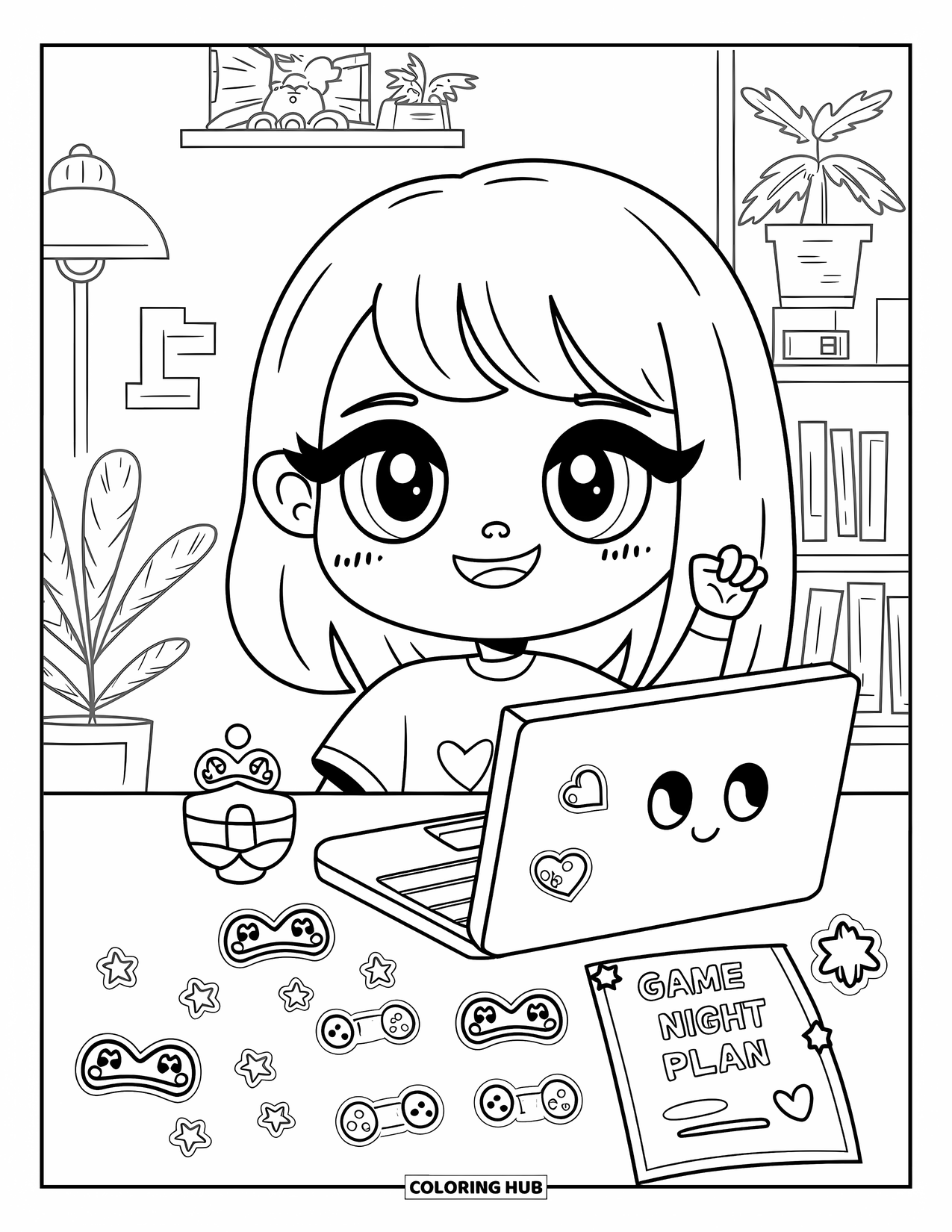 Gaming Coloring Page for Adults: Chibi girl cheerfully decorating her desk with cute figures and planning game night