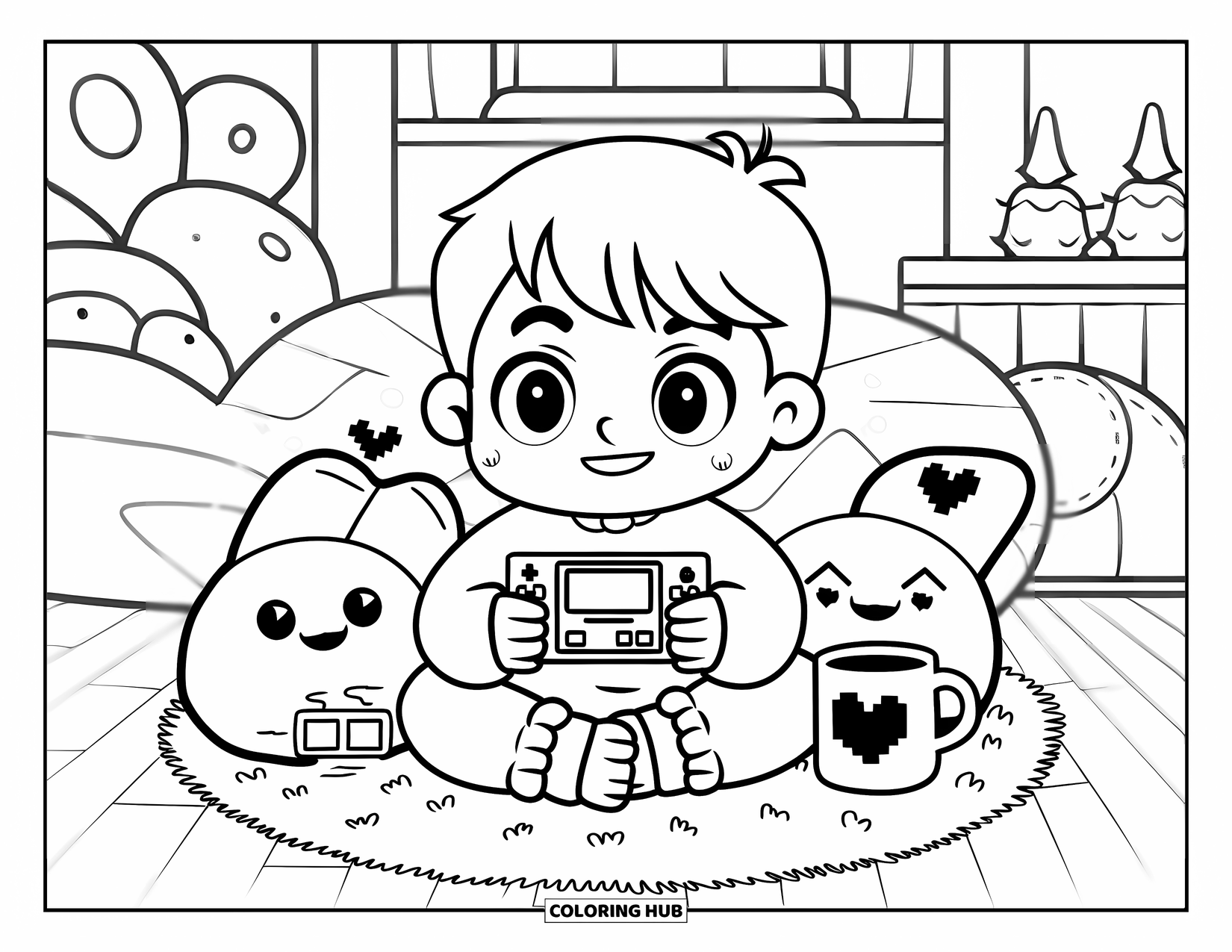 Gaming Coloring Page for Adults: Chibi kid playing on a rug with plush game items and a mug of pixel hearts