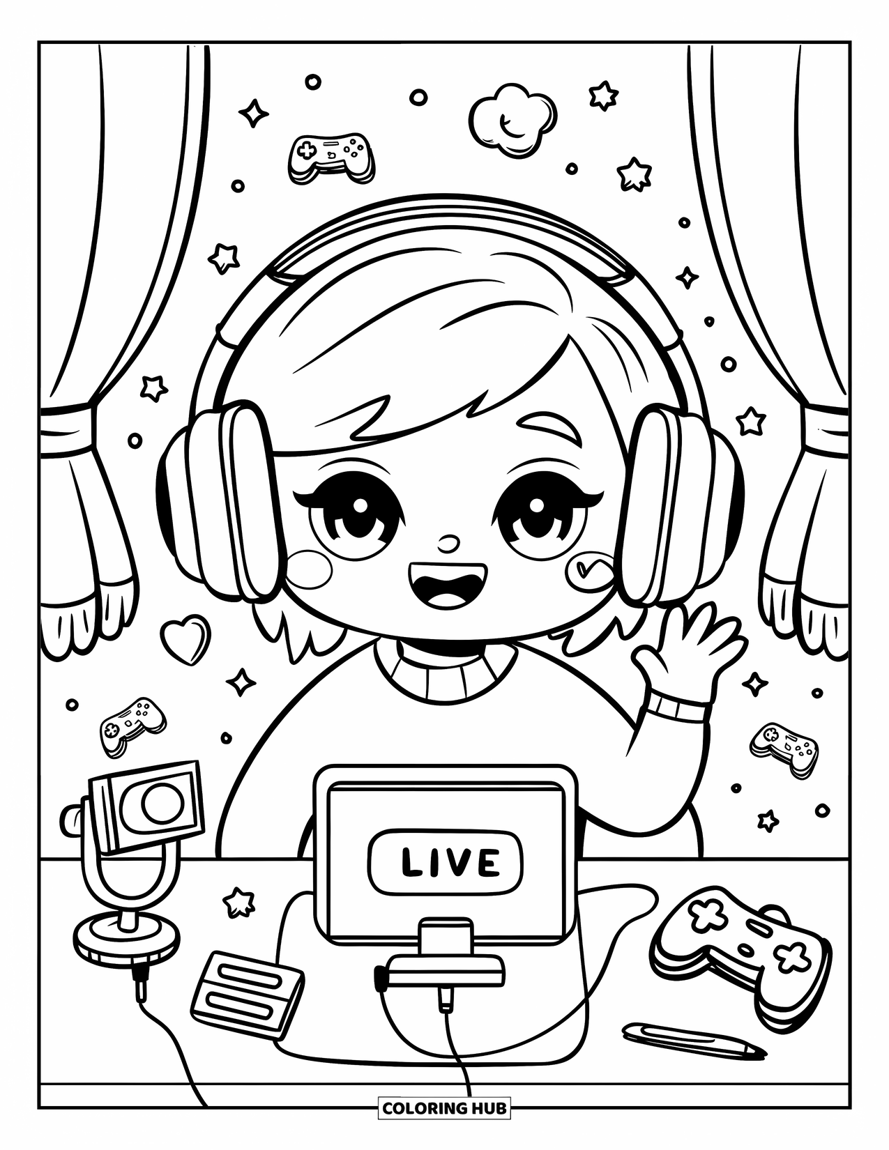 Gaming Coloring Page for Adults: Chibi streamer with oversized headphones waving at a desk under a glowing "Live" icon