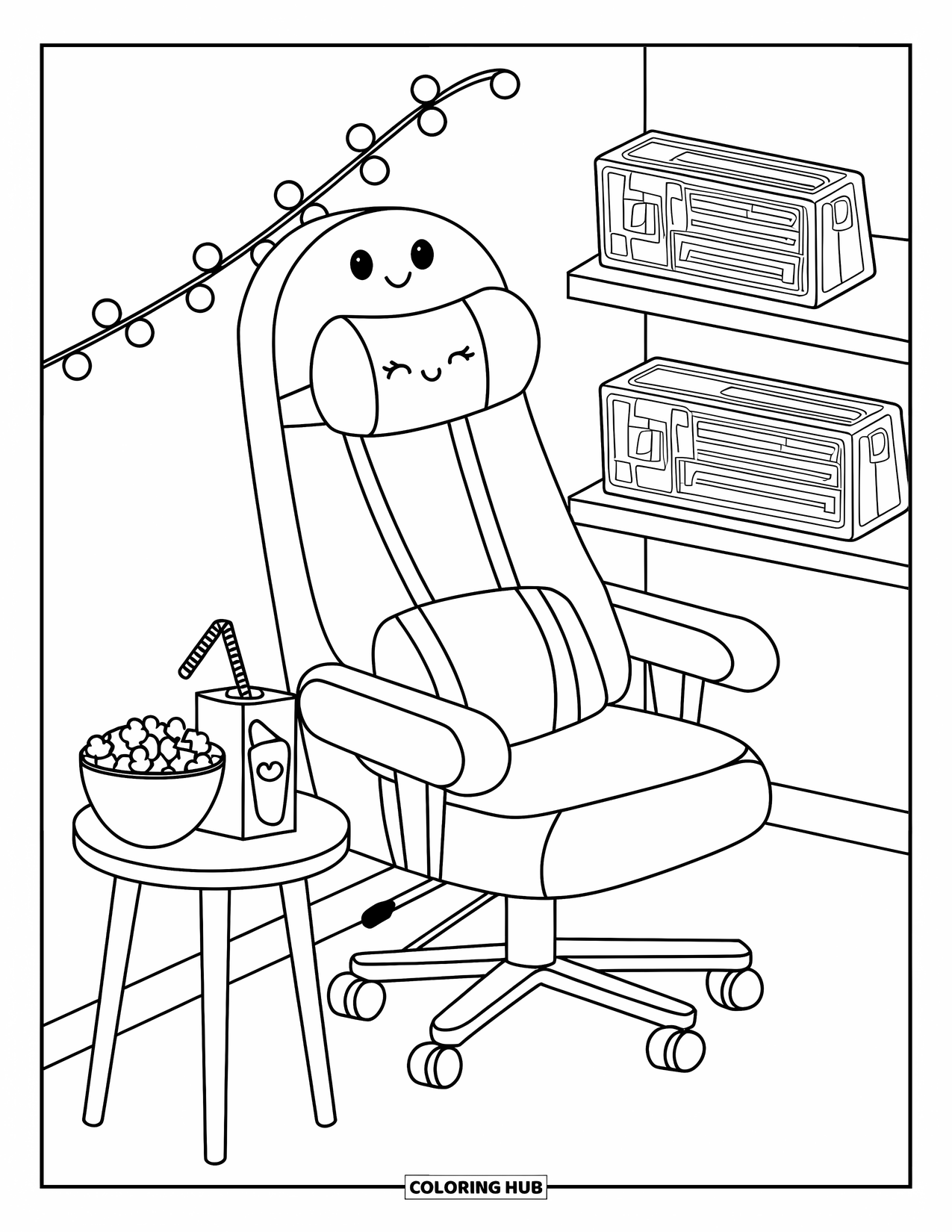 Gaming Coloring Page for Adults: Cozy corner with plush chair, popcorn, juice box, fairy lights, and game shelf