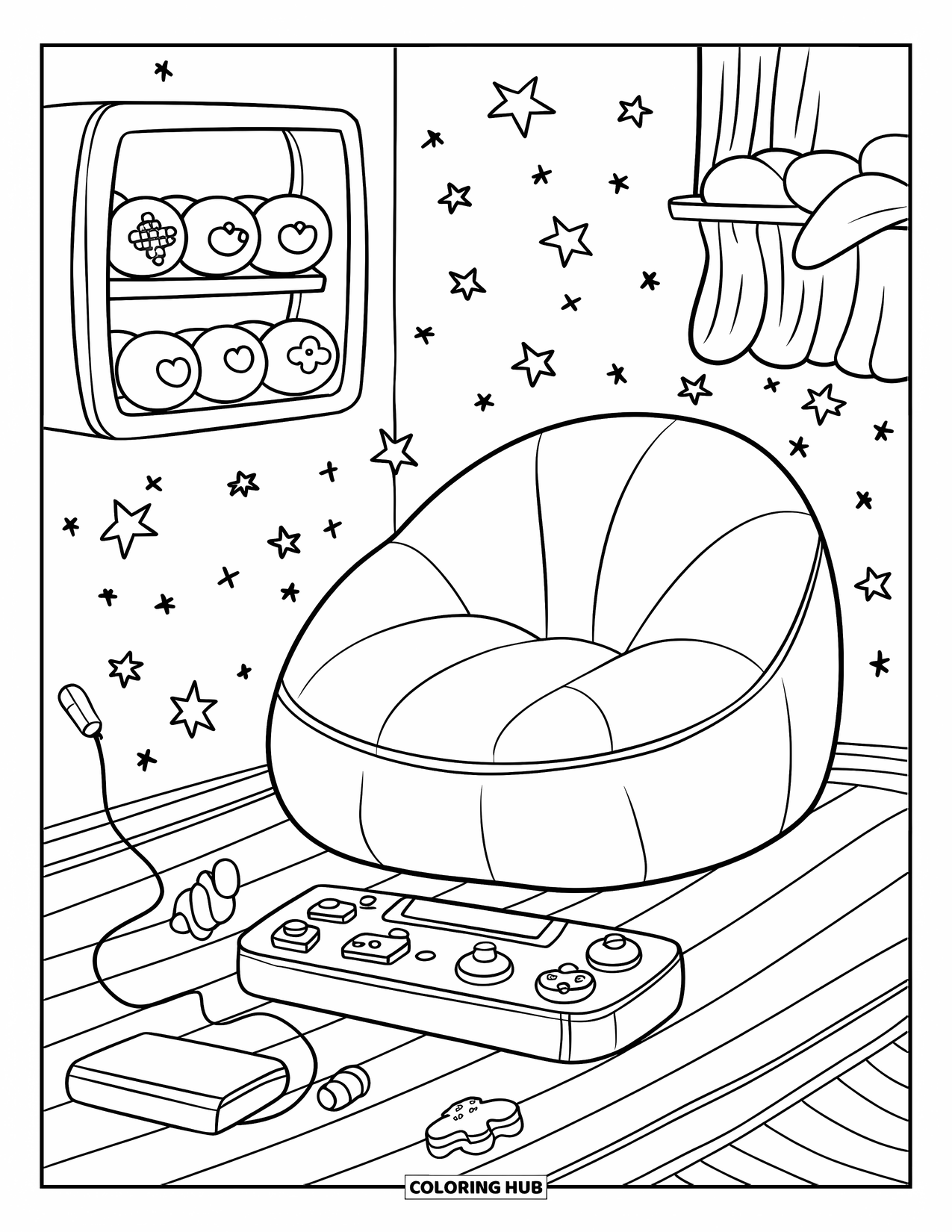 Gaming Coloring Page for Adults: Cozy game room with plush beanbag, soft console, and round plushies under sparkly stars