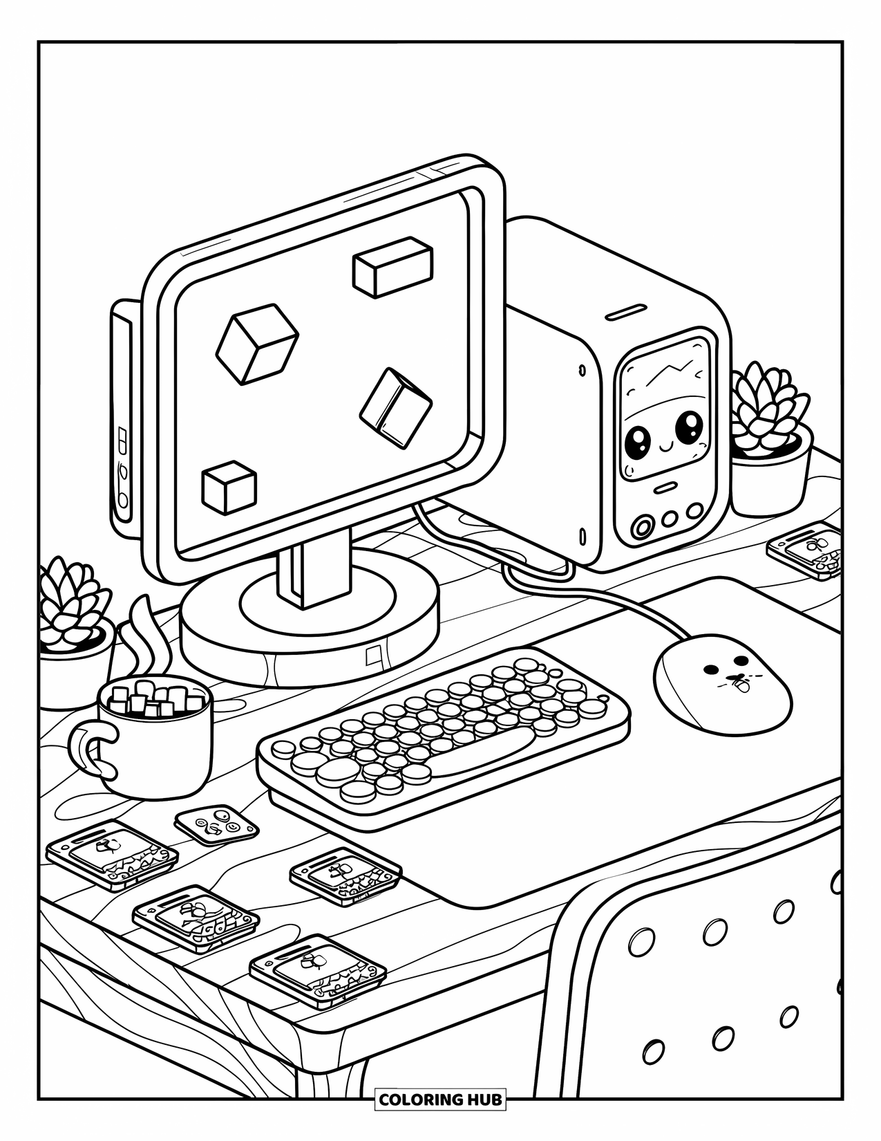 Gaming Coloring Page for Adults: Cute computer setup with geometric display, soft mouse, warm cocoa, and tiny succulents