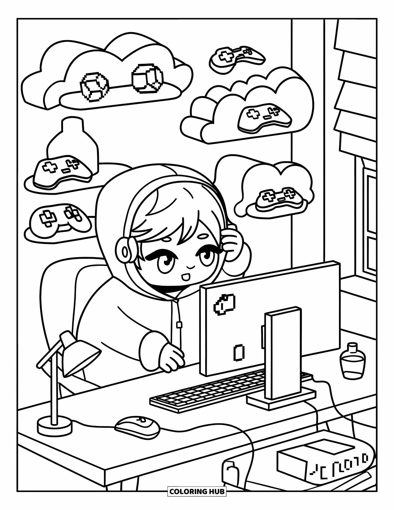 Gaming Coloring Page for Adults: Cute gamer in a cozy outfit tweaking their monitor beside cloud shelves and gaming items