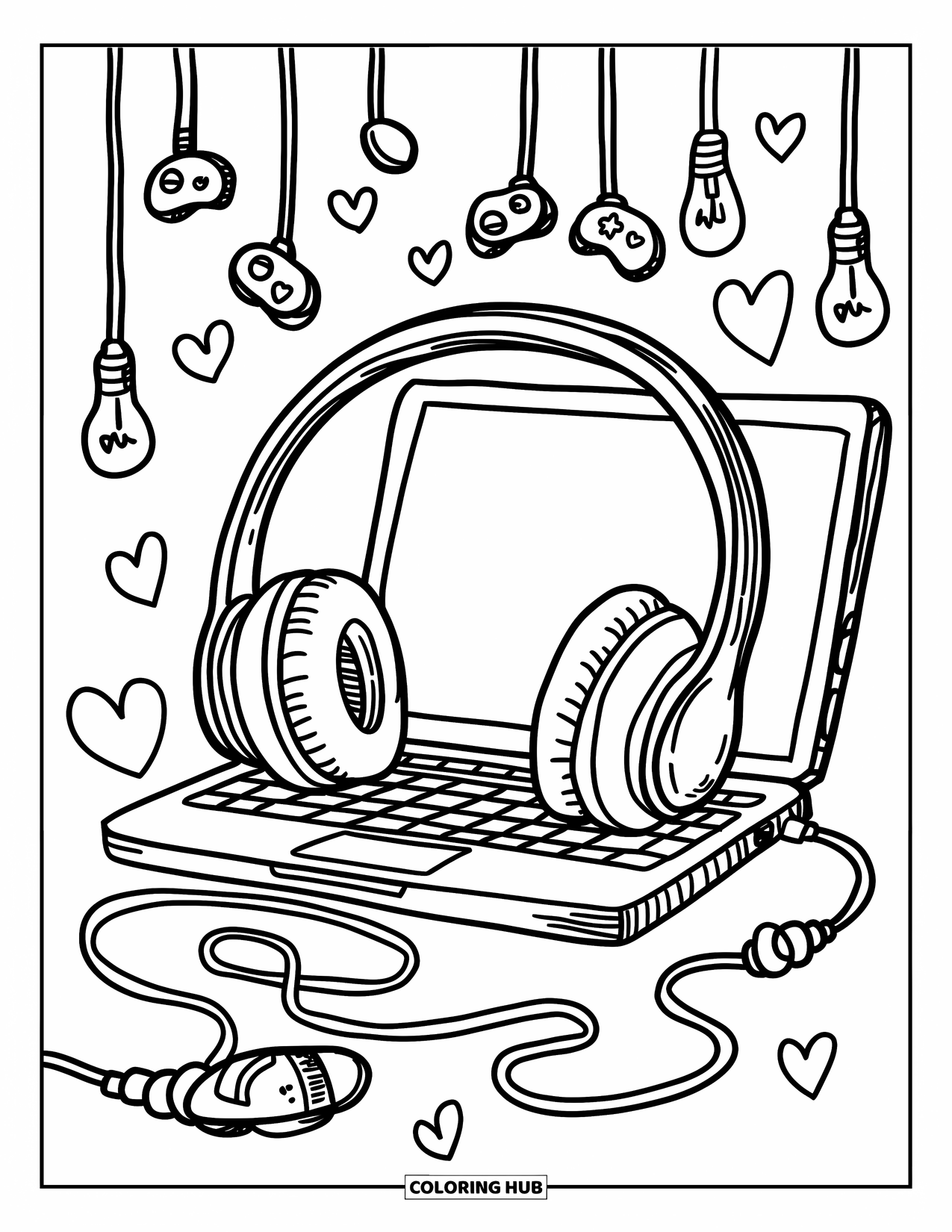 Gaming Coloring Page for Adults: Cute laptop with resting headphones and playful doodles hanging from a curved wire