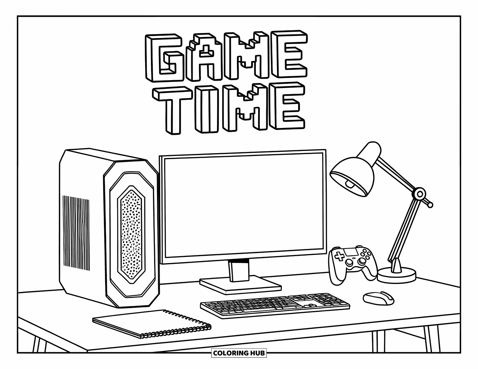 Gaming Coloring Page for Adults: Desk setup with a PC, gamepad, planner, and "Game Time" text in pixel style