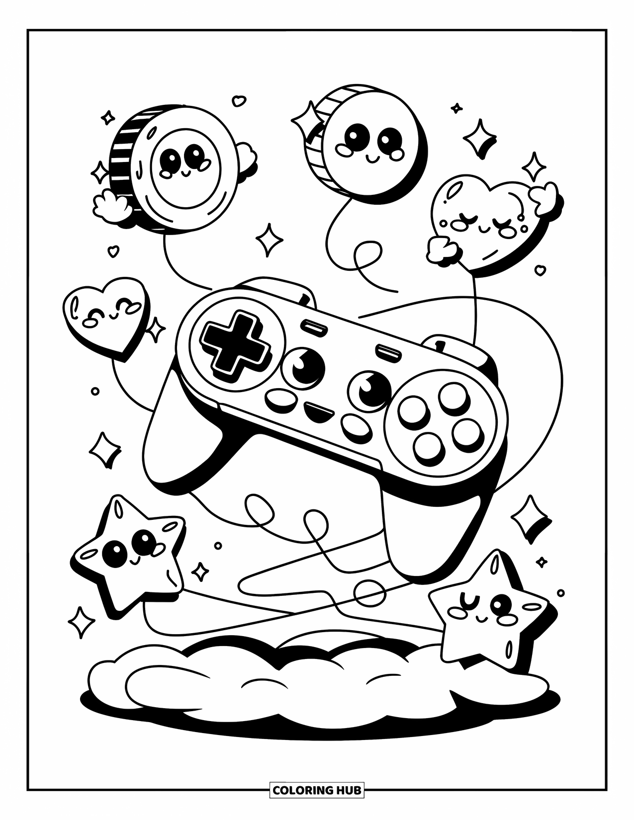 Gaming Coloring Page for Adults: Floating controller with happy coin, sparkly heart, and smiling star in swirling design