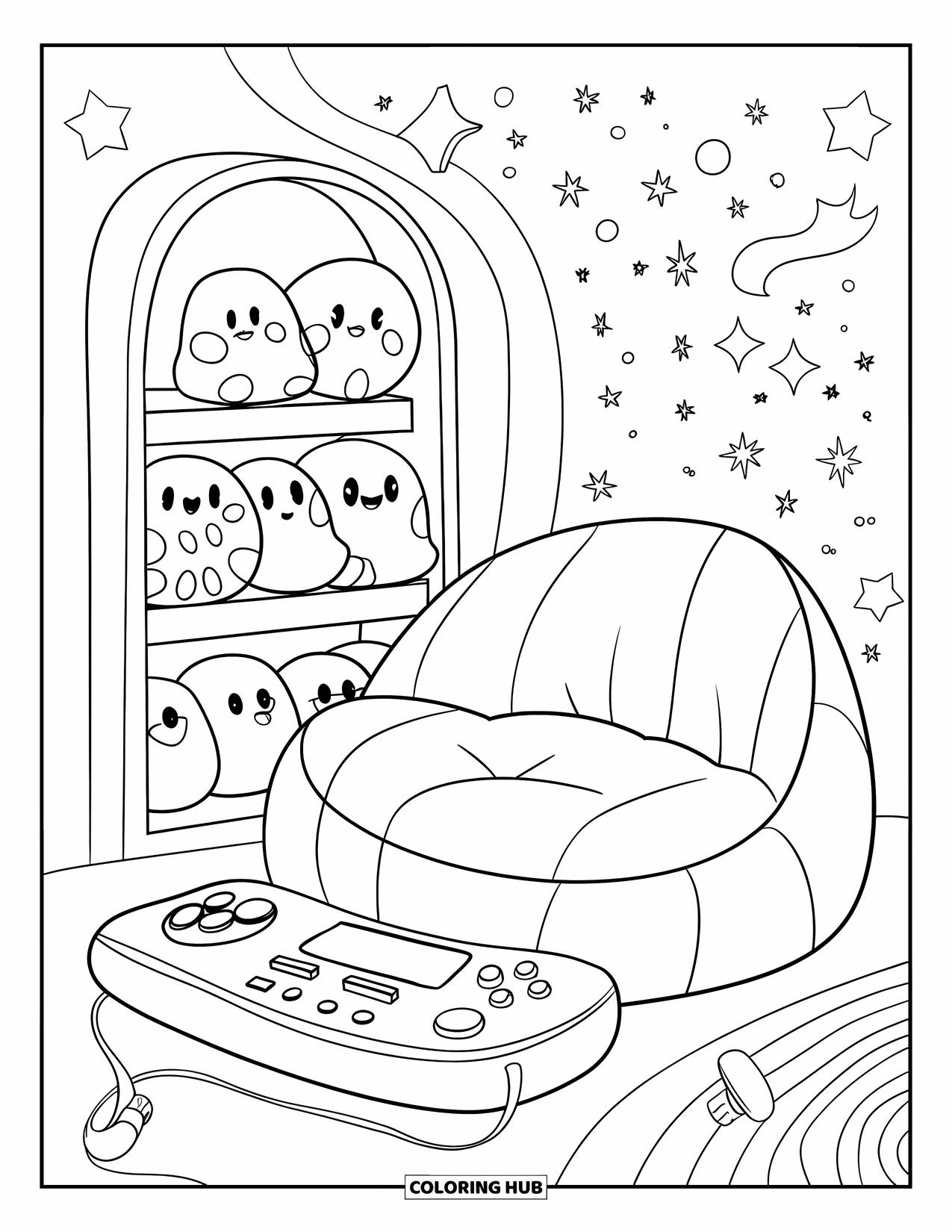 Gaming Coloring Page for Adults: Game nook with beanbag, soft console, plushies, and stars sparkling in the background