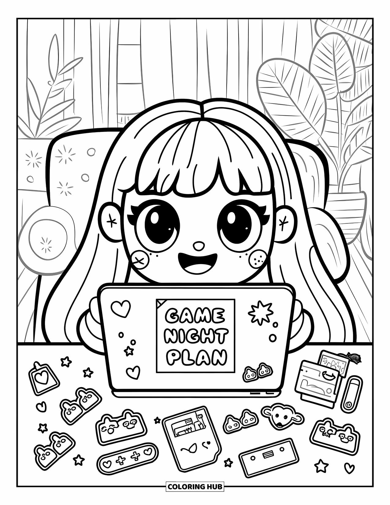 Gaming Coloring Page for Adults: Happy chibi arranging her gaming desk with heart stickers and a game night note