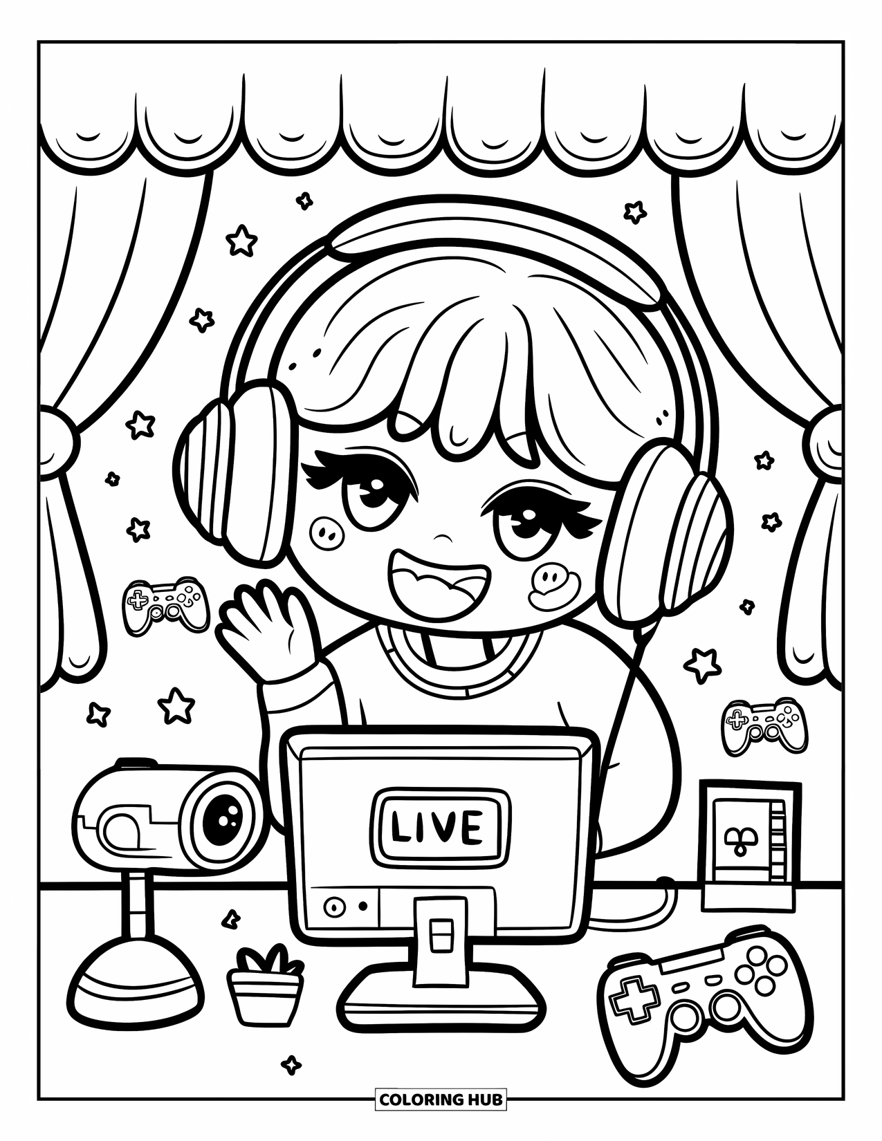 Gaming Coloring Page for Adults: Happy chibi streamer at tidy desk with headphones, gamepad, and cute streaming setup