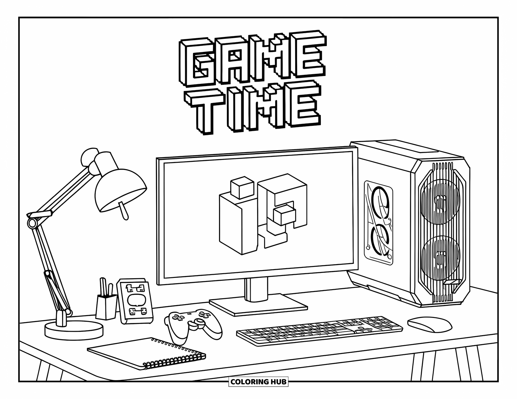 Gaming Coloring Page for Adults: PC desk scene with keyboard, gamepad, planner, and 3D pixel "Game Time" on the wall