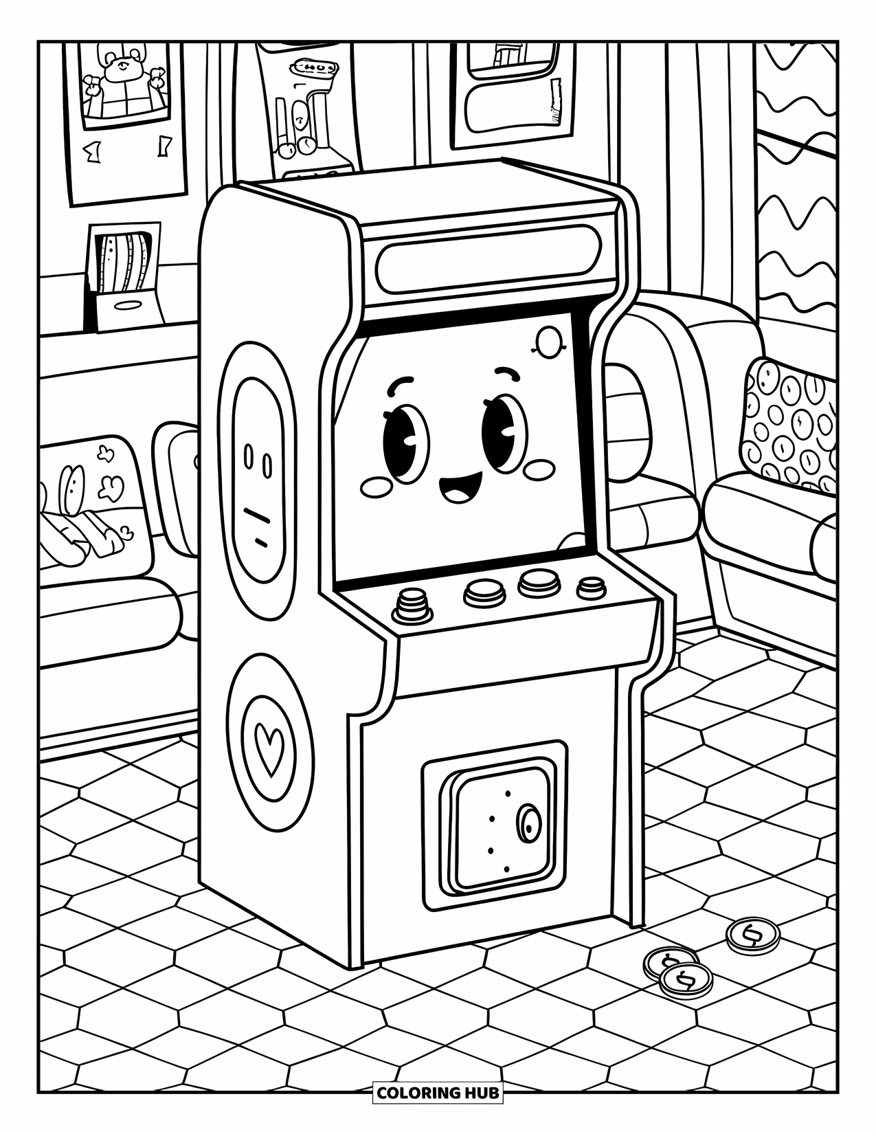 Gaming Coloring Page for Adults: Retro arcade scene with smiling cabinet, checkered floor, and a cozy bench nearby
