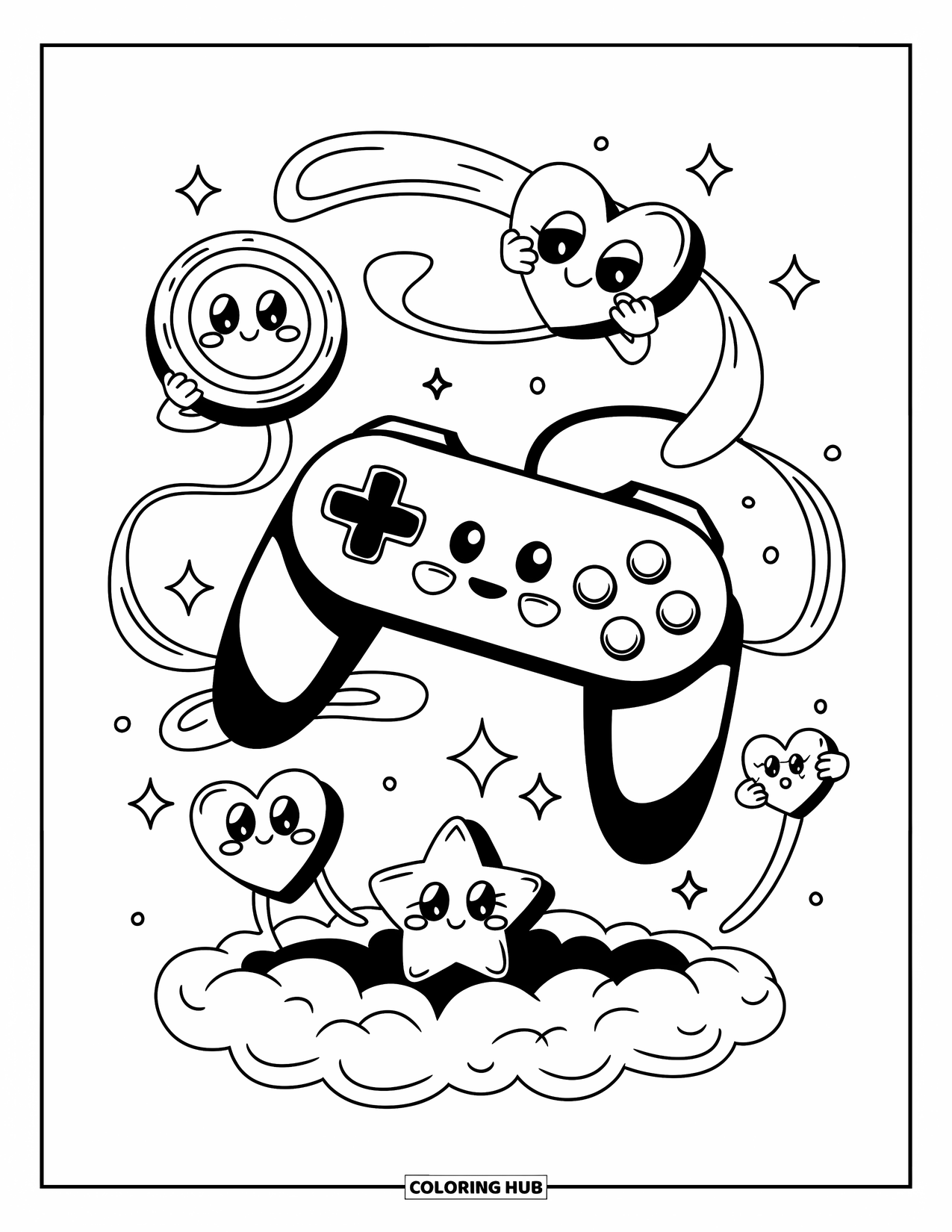 Gaming Coloring Page for Adults: Smiling controller with cute game icons around it, floating gently on a soft cloud
