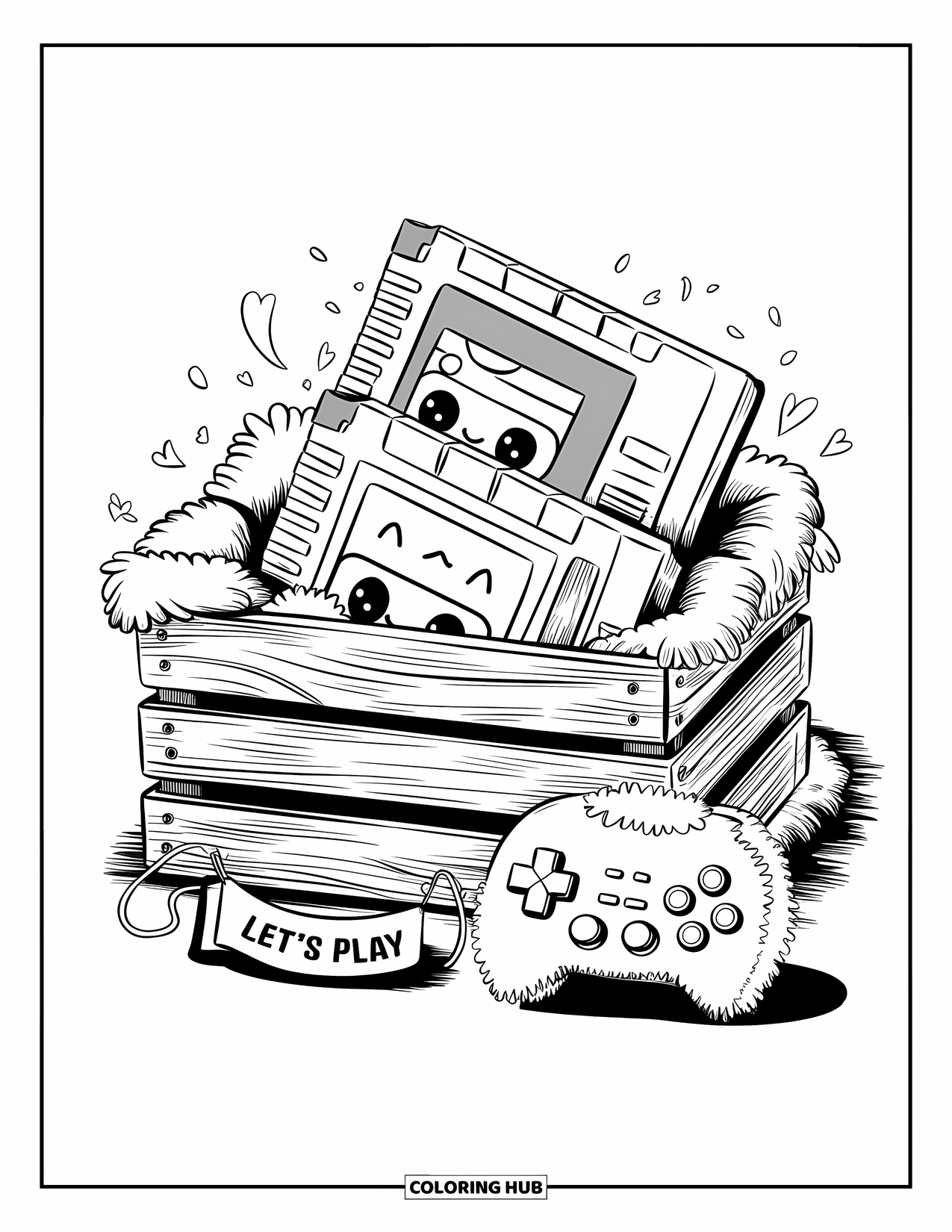 Gaming Coloring Page for Adults: Stack of kawaii cartridges in a crate, with a fluffy controller and "Let's Play" sign