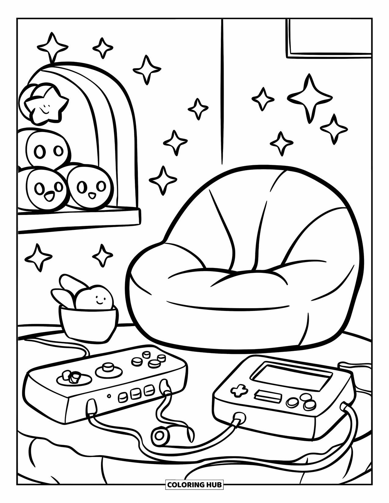 Gaming Coloring Page for Adults: Warm game nook with cuddly chair, gentle console, plushies, and sparkling background