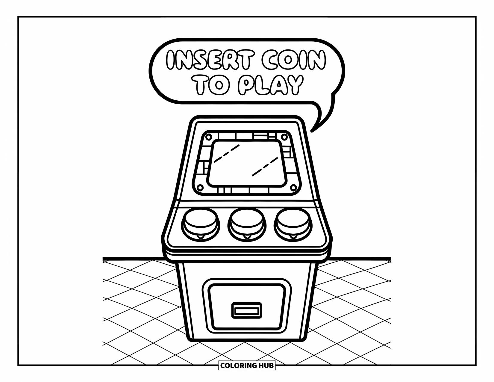 Gaming Coloring Page for Kids: Arcade cabinet on checkered floor with ìInsert coin to playî in a speech bubble