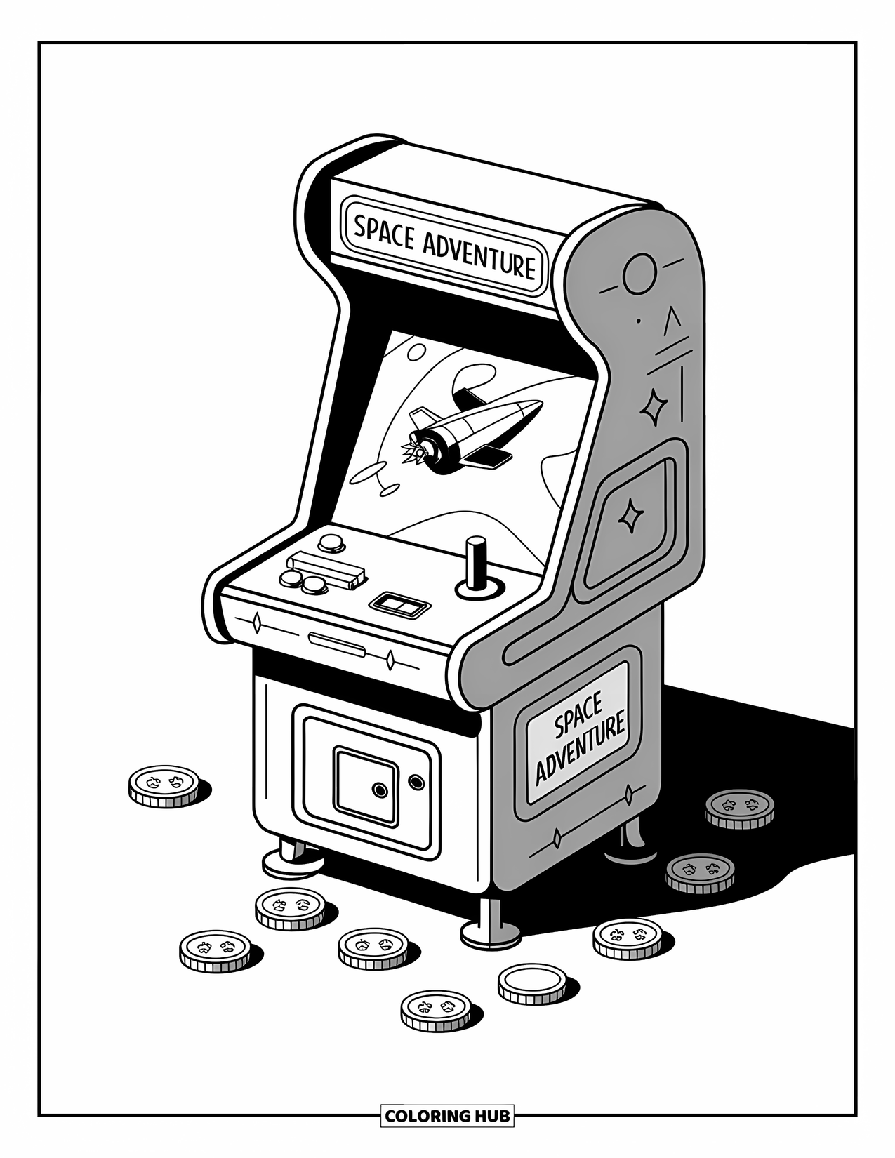 Gaming Coloring Page for Kids: Arcade console with ìSpace Adventureî game and tokens scattered around the stand