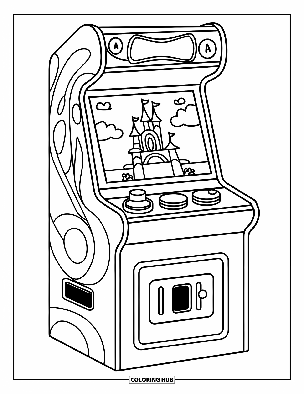 Gaming Coloring Page for Kids: Arcade machine with castle game screen and buttons labeled ìStart,î ìA,î and ìB.î