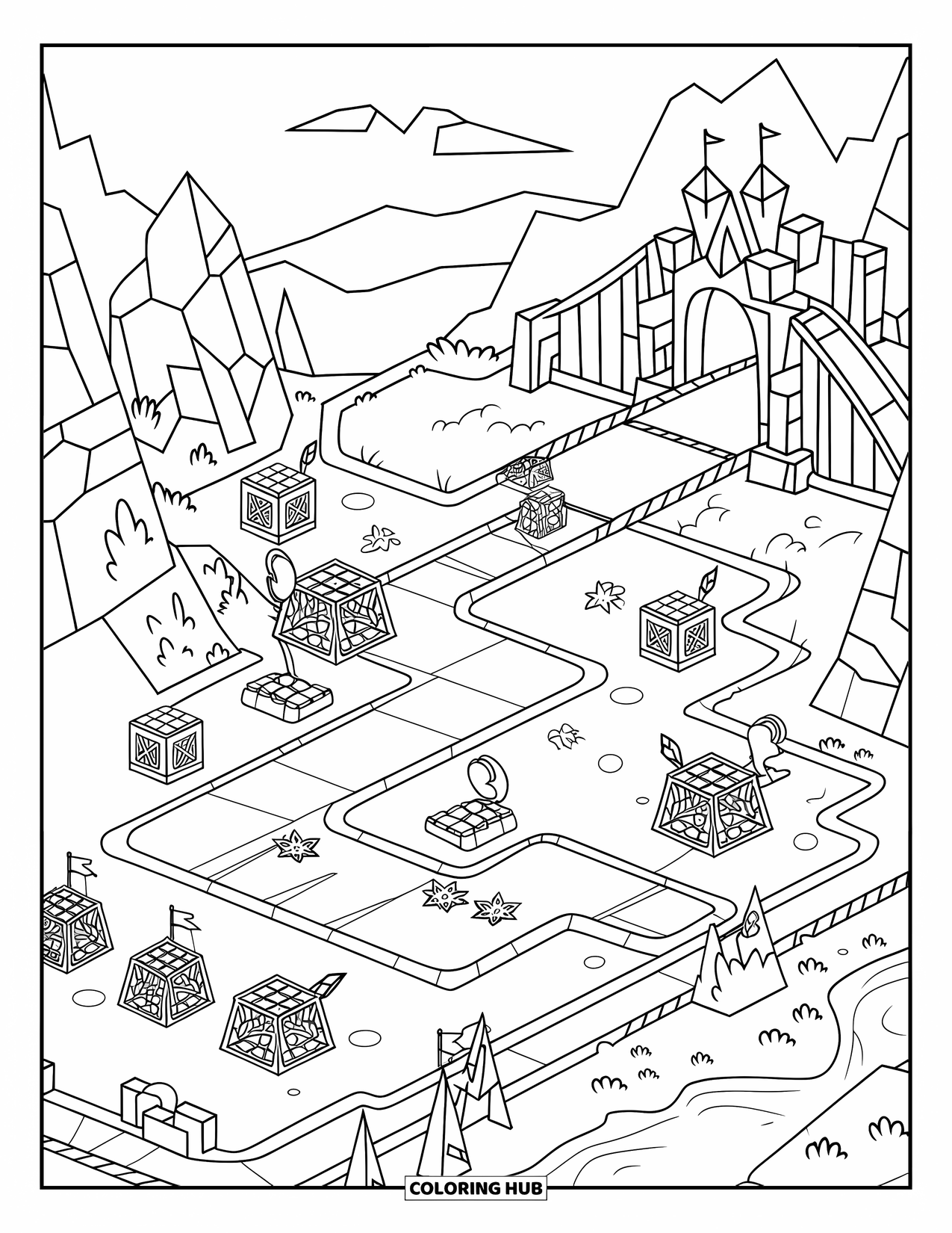 Gaming Coloring Page for Kids: Arena map with castle, bridge, flags, terrain variety, and capture points
