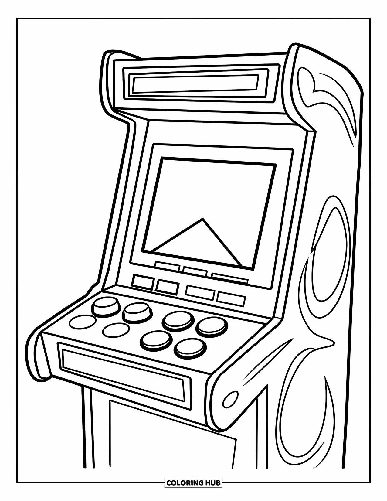 Gaming Coloring Page for Kids: Basic arcade machine with large buttons and a friendly, easy design