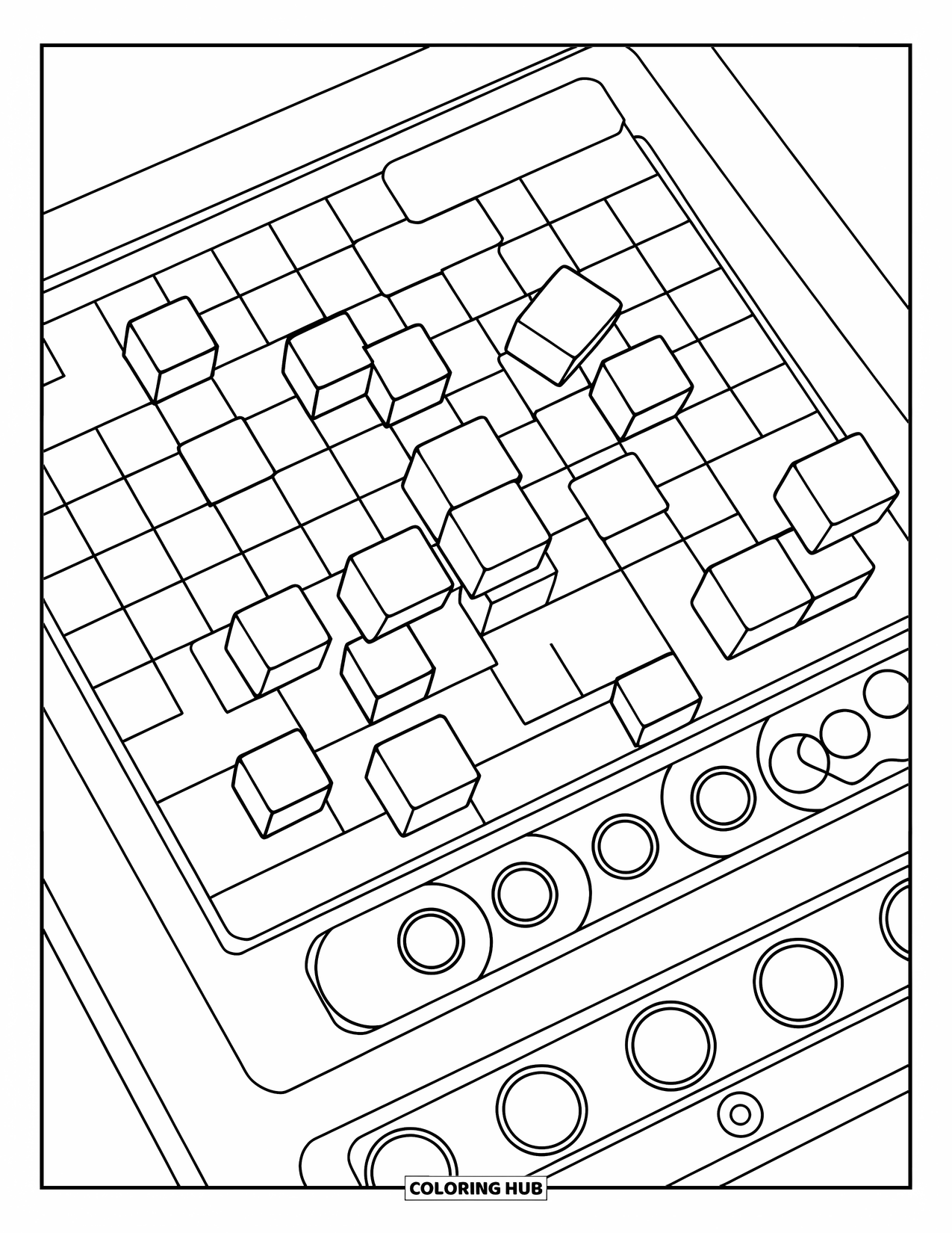 Gaming Coloring Page for Kids: Block puzzle game with shapes landing on a grid and panels lighting up
